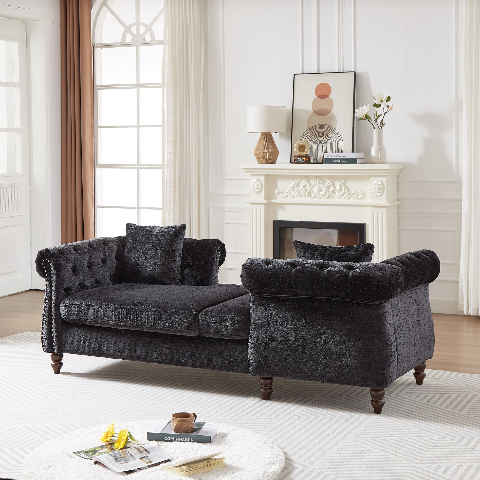 81 Inch Chenille Face To Face Chaise Lounge With Two Pillows,Nailhead Trim,Button Tufted Design And Rolled Arms For Lounge, Living Room And Office Black Chenille 1 Seat