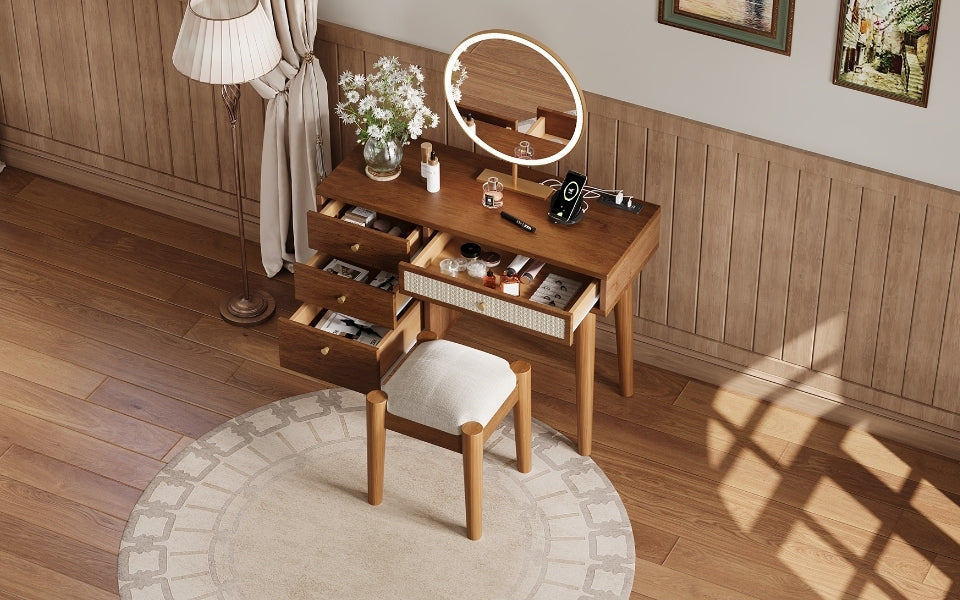 39" Retro Bohemian Style Wooden Makeup Vanity Set With Charging Plug&Usb Port And Stool, Dressing Table With 3 Storage Drawers And 1 Rectangular Rattan Drawer, Walnut Walnut 4 Drawers Wood