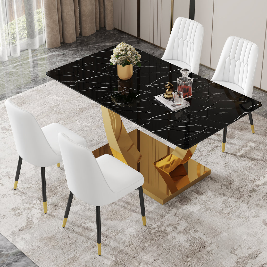 Table And Chair Set.Modern Rectangular Dining Table With Black Textured Stickers Glass Tabletop And Gold Plated Metal Legs.Paried With 4 Comfortable Chairs With Pu Seats And Black Metal Legs. Black Gold,White Seats 4 Glass Metal