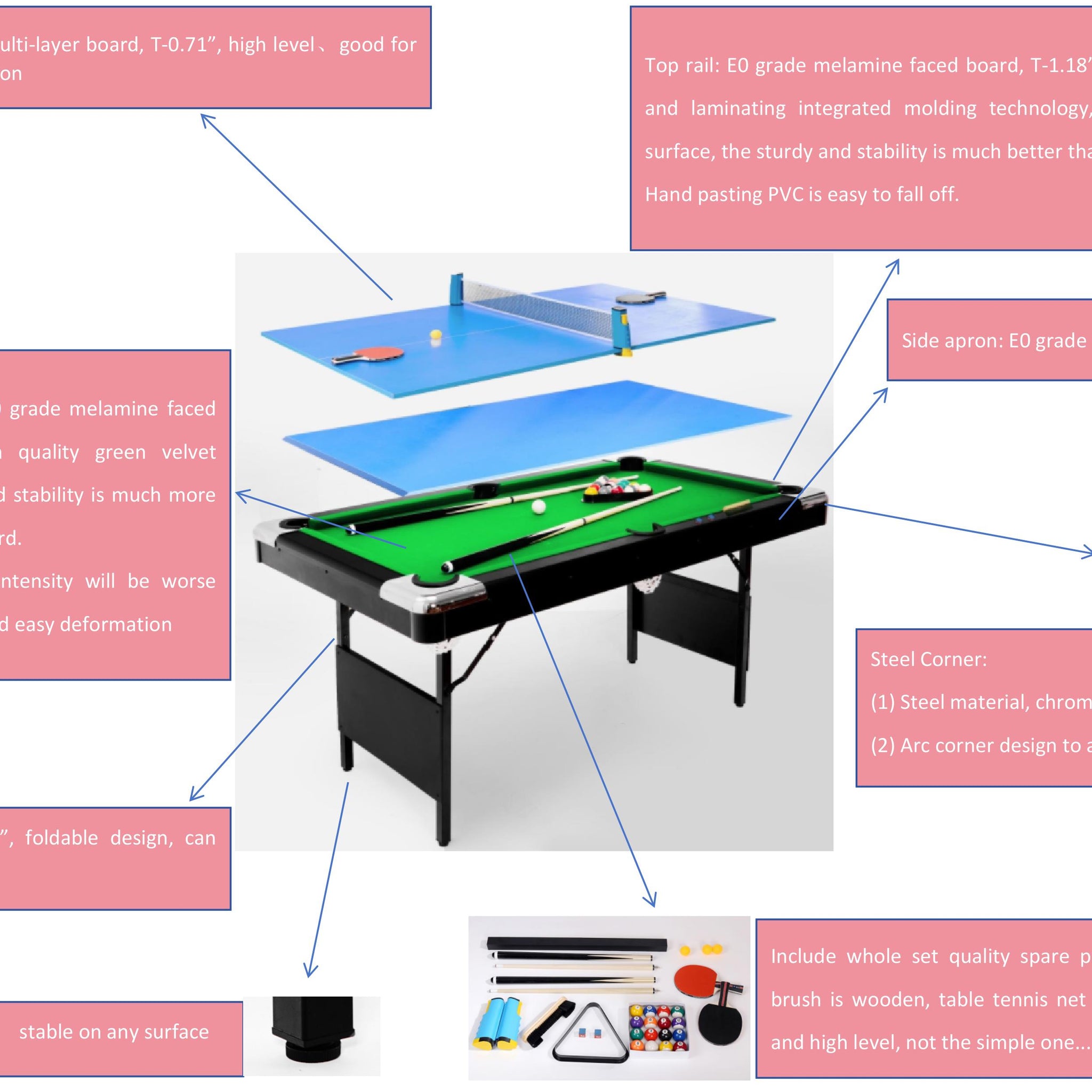 5.5Ft 3 In 1 Billiard Table, 3 In 1 Pool Table, 5.5Ft Game Table, 3 In 1 Table Tennis Table, Billiards, Pool Table, Multifunctional Billiard Table, Multifunctional Table Tennis Table Black Blue Without Foldable American Design,European Multifunctional