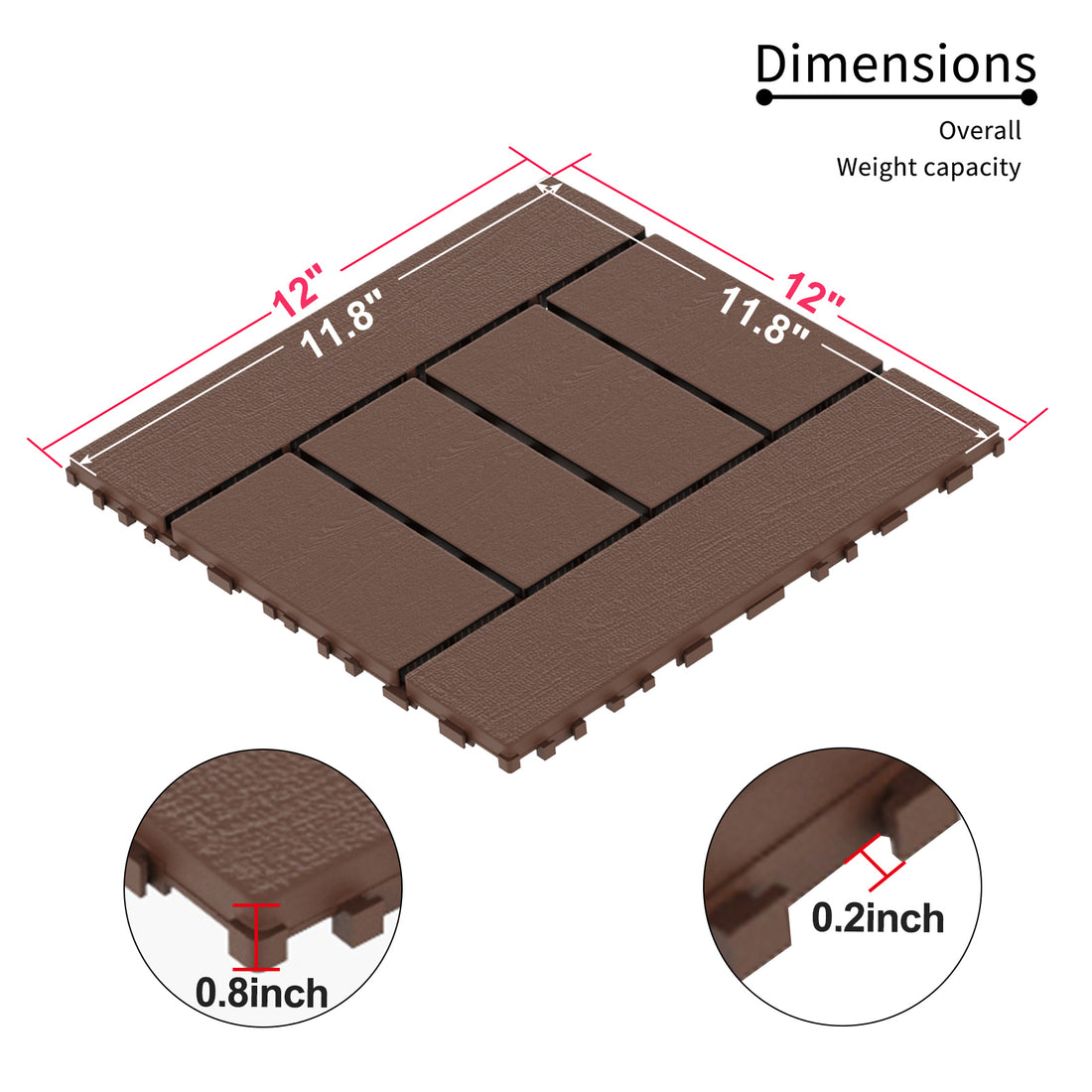 H Style 12" Patio Deck Tiles, Diy Module Interlocking Decking Tiles Floor Tile,Easy And Quick Installation Court Tiles For Porch Poolside Balcony Backyard 44Pcs Red Brown Red Brown Polypropylene