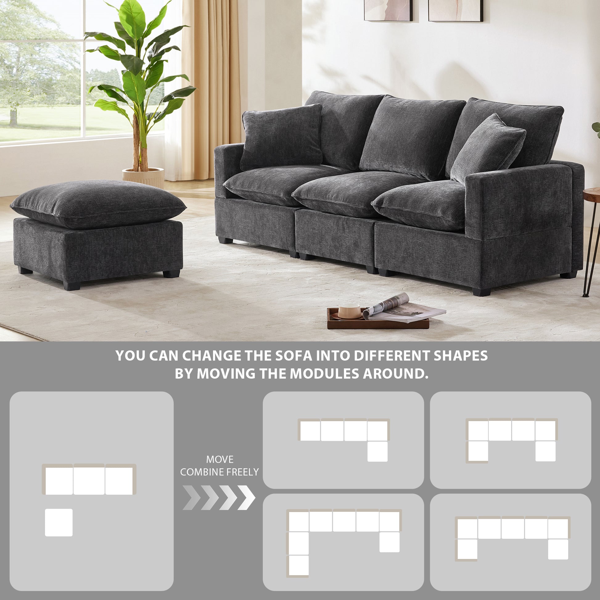 84*57" Modern Modular Sofa, 4 Seat Chenille Sectional Couch Set With 2 Pillows Included, Freely Combinable Indoor Funiture For Living Room, Apartment, Office, 2 Colors Black Grey Chenille 4 Seat