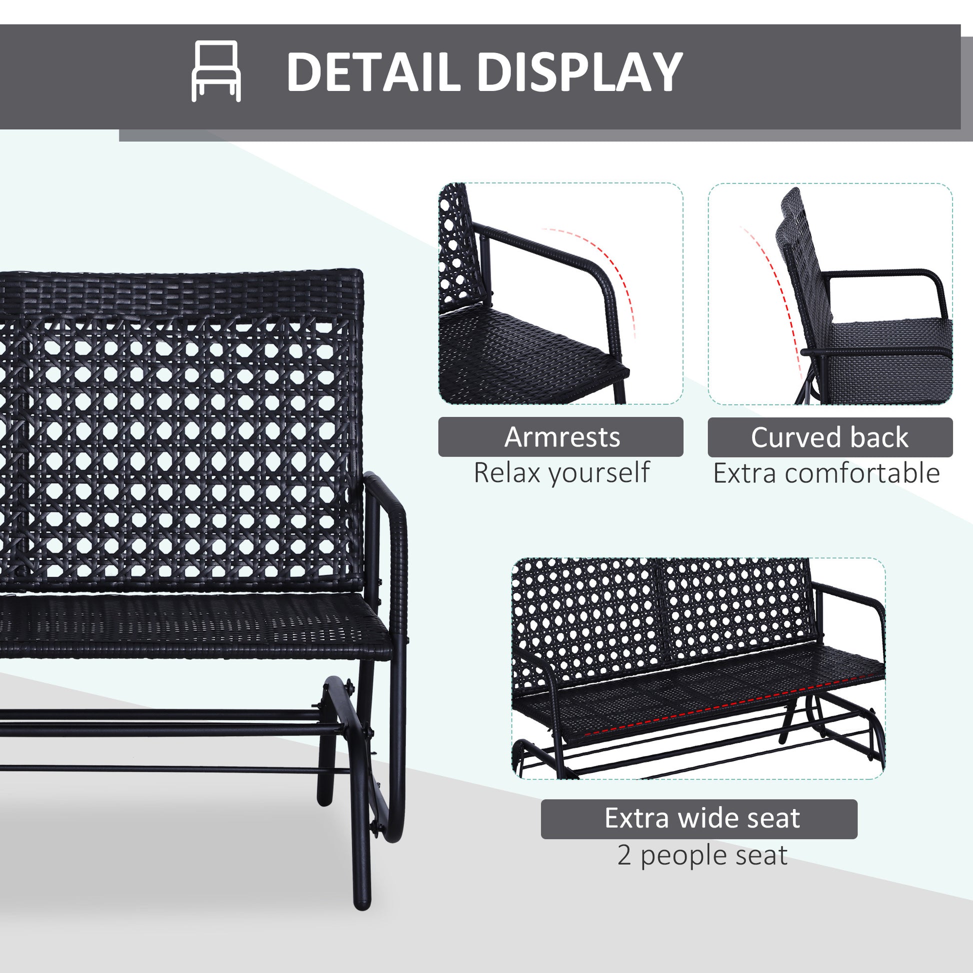 Outsunny Patio 2 Person Wicker Glider Bench Rocking Chair, Outdoor All Hand Woven Pe Rattan Loveseat W Ergonomic Design Rocking System For Patio, Garden, Porch, Lawn, Black Black Steel