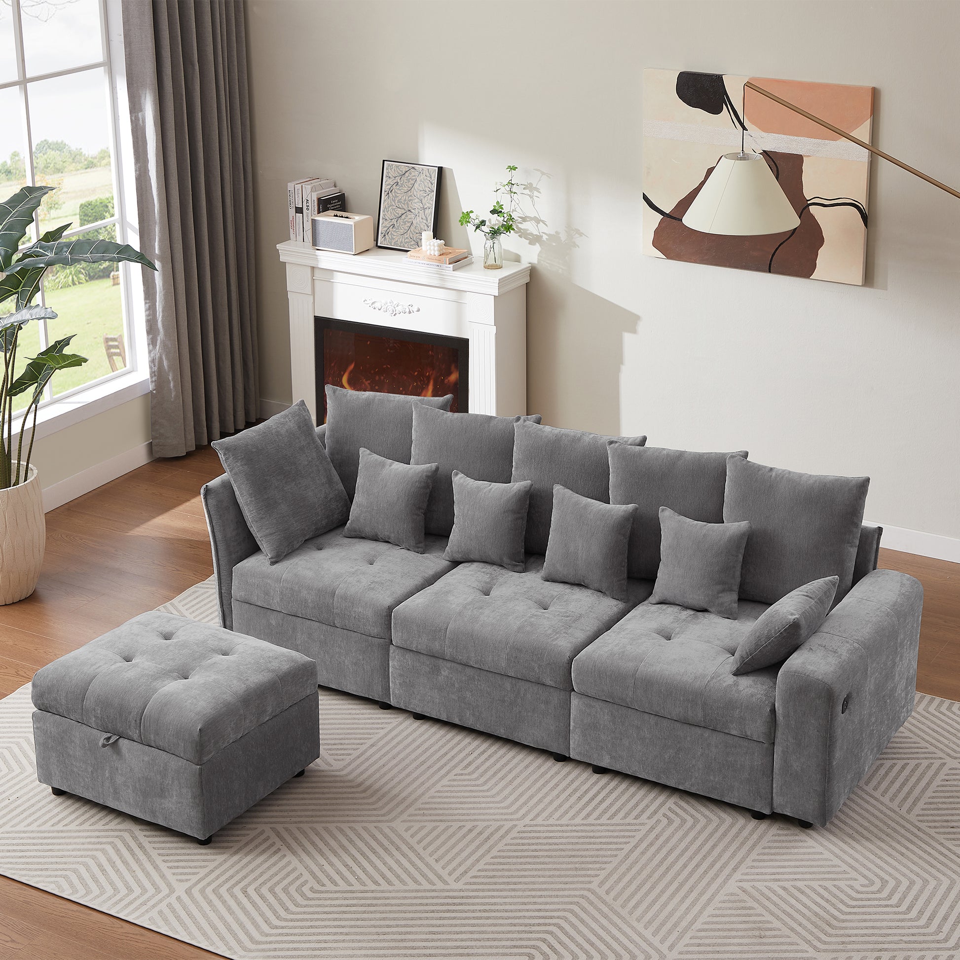 96.45"Sectional Sofa Modular Sofa Couch With Three Usb Ports, A Removable Storage Ottoman And Five Back Pillows For Living Room, Grey Grey Foam Chenille 4 Seat