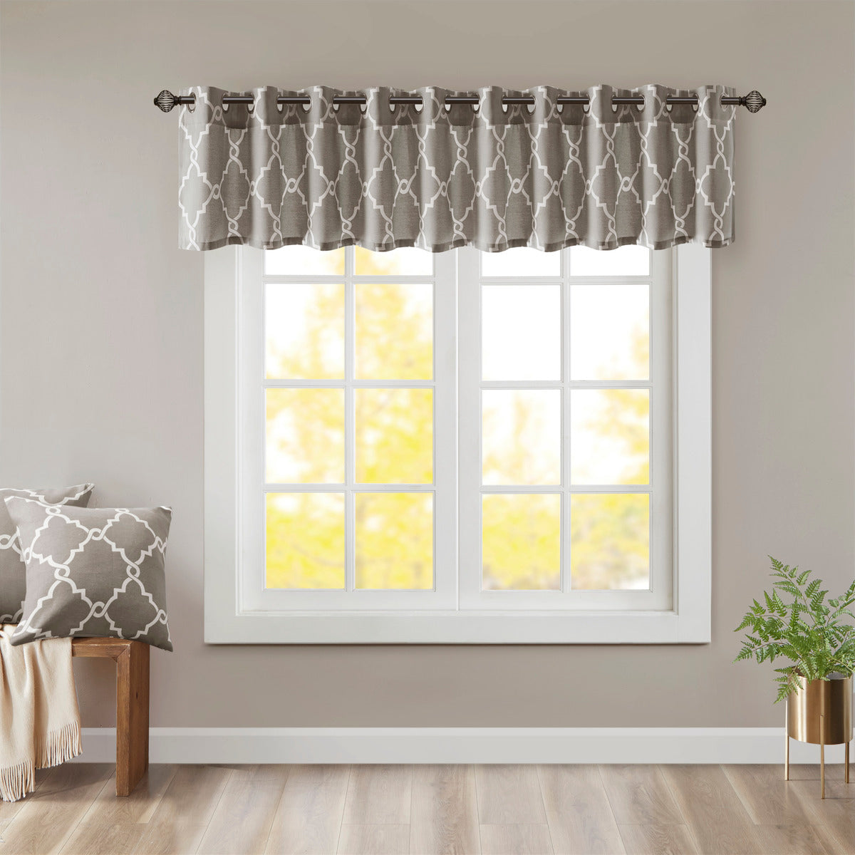 Fretwork Print Grommet Top Window Valance Grey White 50X18" Grey White Polyester