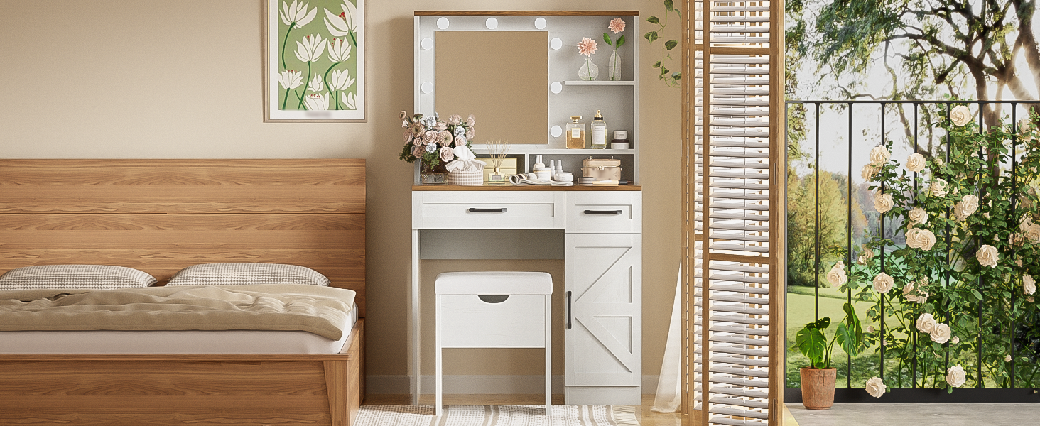 Farmhouse Makeup Vanity Desk With Mirror And Lights, 3 Lighting Modes, Vanity Set With Stool, Dressing Table With Adjustable Shelves,2 Drawers And Side Cabinet For Bedroom, White Brown White Bedroom