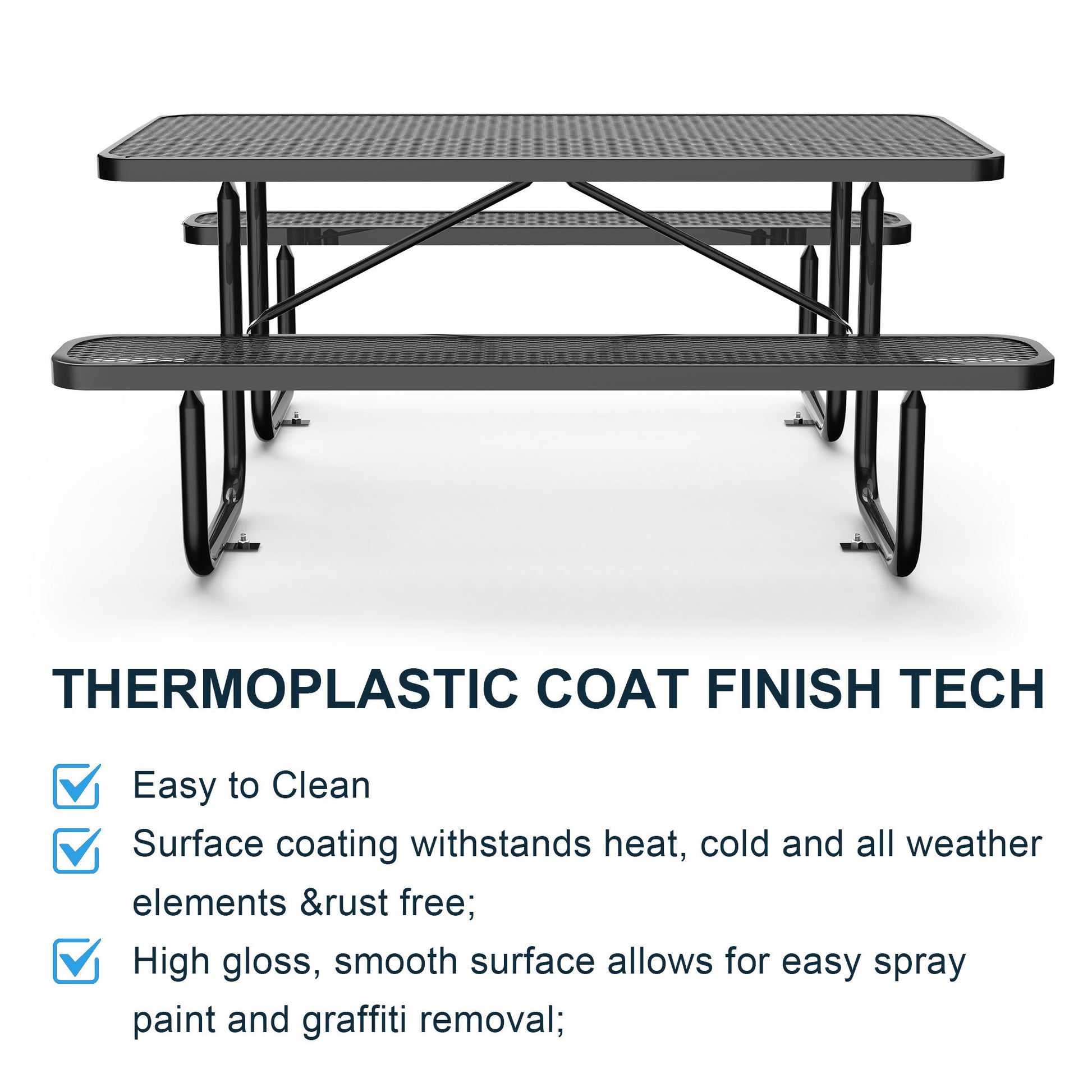 72" Expanded Metal Rectangular Picnic Table, Black Black Steel Steel