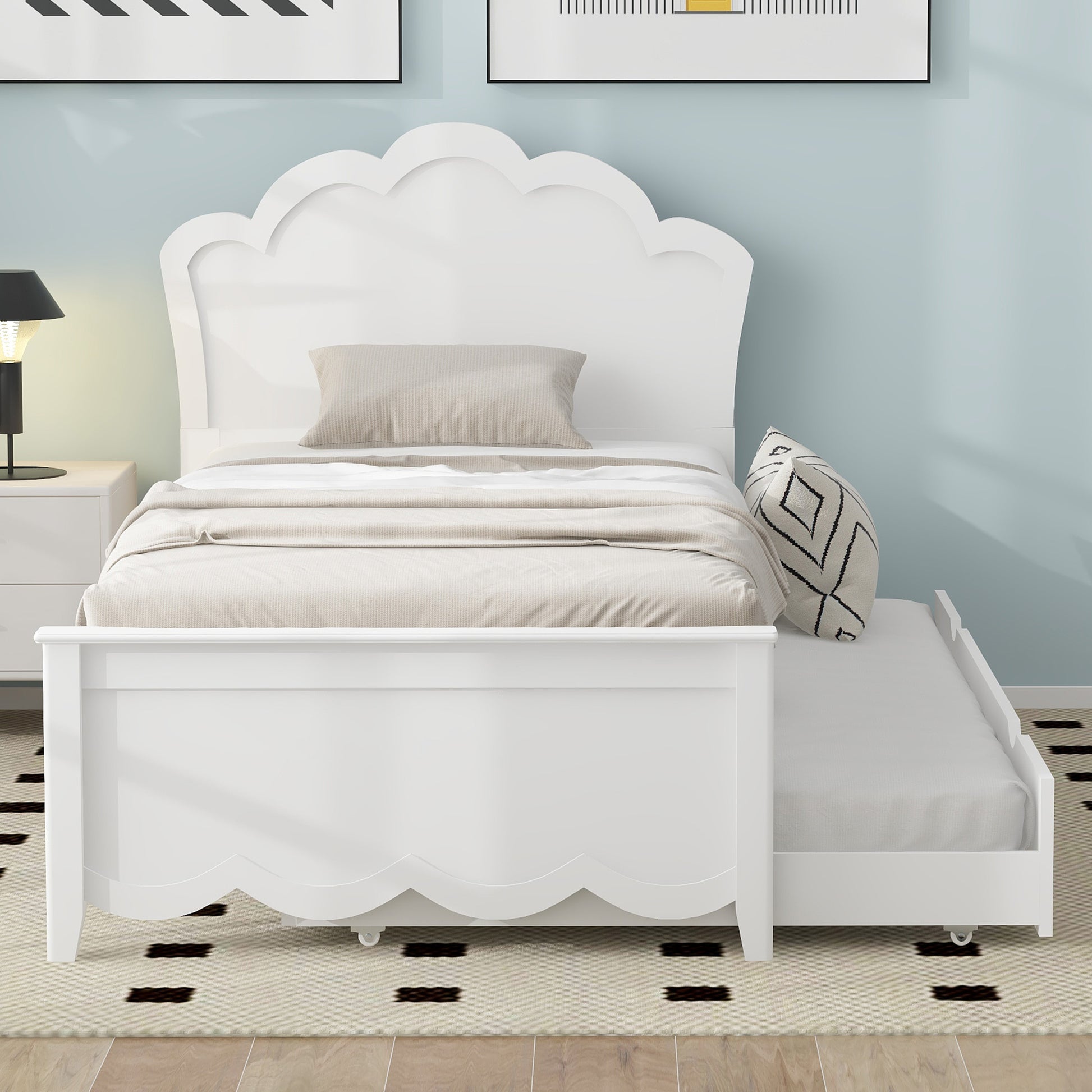 Twin Size Wood Platform Bed With Headboard And Twin Size Trundle, White Box Spring Not Required Twin White Wood Bed Frame Solid Wood Mdf