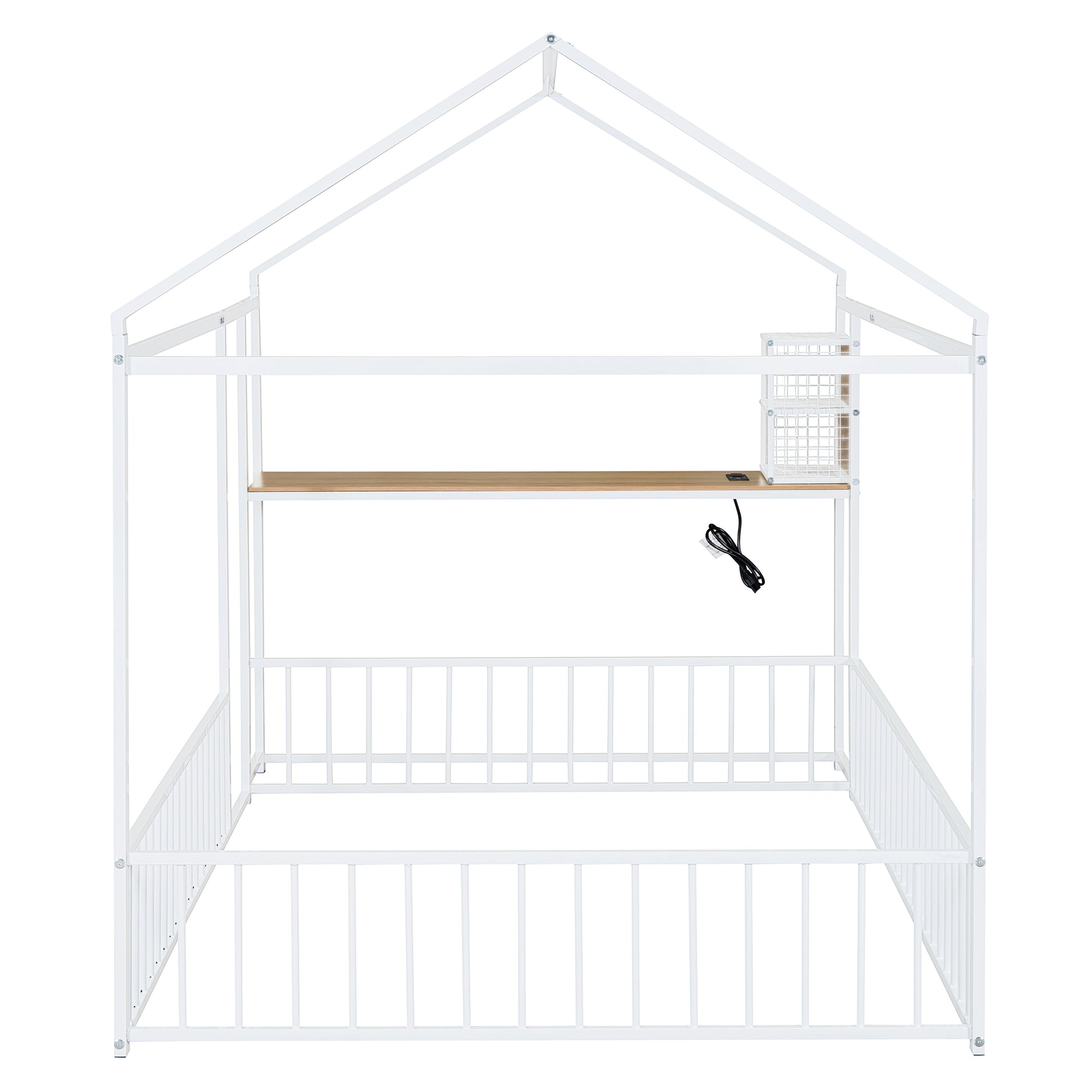 Full Size Metal Bed House Bed Frame With Desk, Shelves, Power Outlets And Usb Ports, White Full White Metal