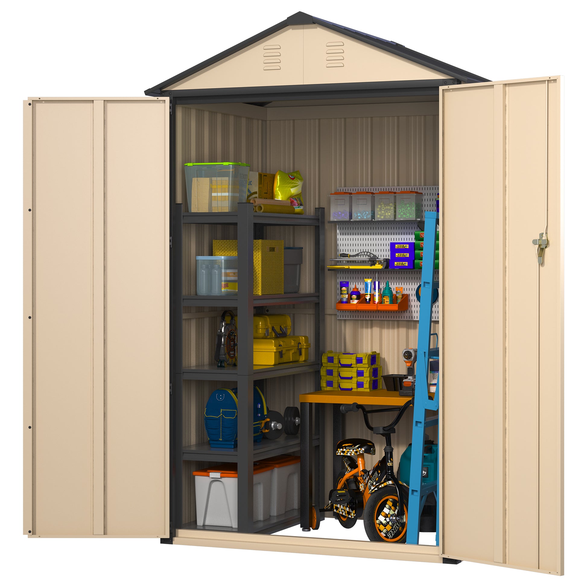 6X4X3 Ft Outdoor Storage Shed, Steel Metal Lockable Garden Shed, Tiny House, Utility Shed, Lean To Shed & Outdoor Storage, Waterproof Backyard Shed With Door For Bike, Tools, Lawnmower Antique Yellow Gray Garden & Outdoor American Design Metal