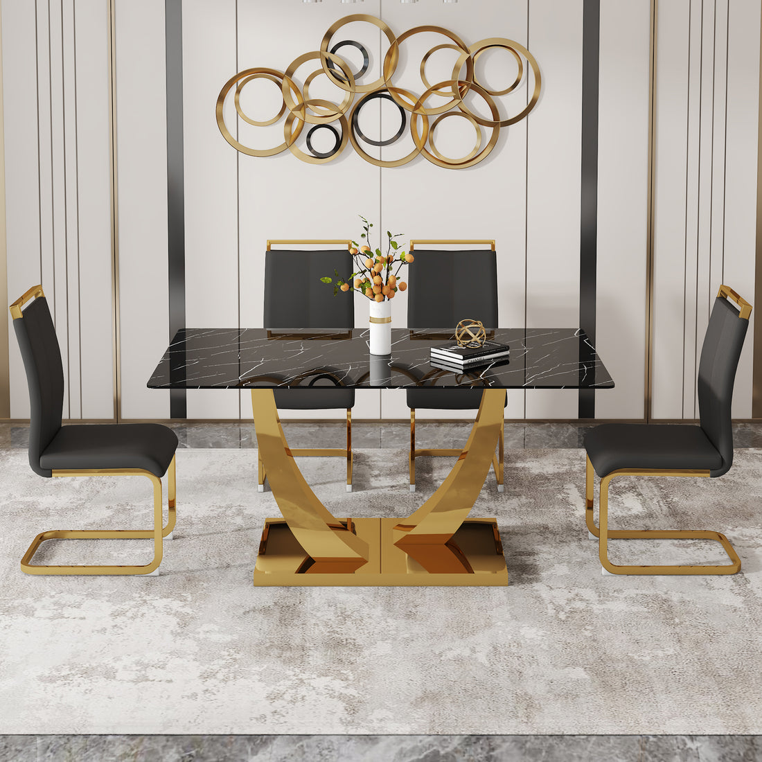 Table And Chair Set.Modern Rectangular Dining Table With Black Textured Stickers Glass Tabletop And Gold Plated Metal Legs.Paried With 4 Comfortable Chairs With Pu Seats And Golden Metal Legs. Black Gold Seats 4 Glass Metal