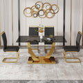 Table And Chair Set.Modern Rectangular Dining Table With Black Textured Stickers Glass Tabletop And Gold Plated Metal Legs.Paried With 4 Comfortable Chairs With Pu Seats And Golden Metal Legs. Black Gold Seats 4 Glass Metal