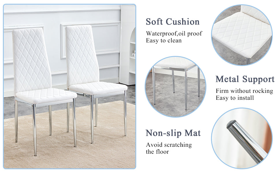 Table And Chair Set.A Rectangular Dining Table Features With Tempered Glass Top And Sleek White Mdf Stand.Paried With 6 Pu Chairs With Checkered Armless High Back And Electroplated Metal Legs. White Seats 6 Mdf Glass