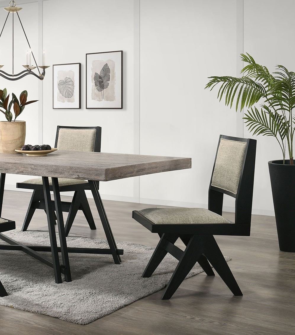 Contemporary Black Color 2Pc Dining Side Chairs Light Gray Fabric Upholstered Chairs Arms Dining Room Rubberwood Black Dining Room Contemporary Dining Chairs Rubberwood Solid Back Set Of 2