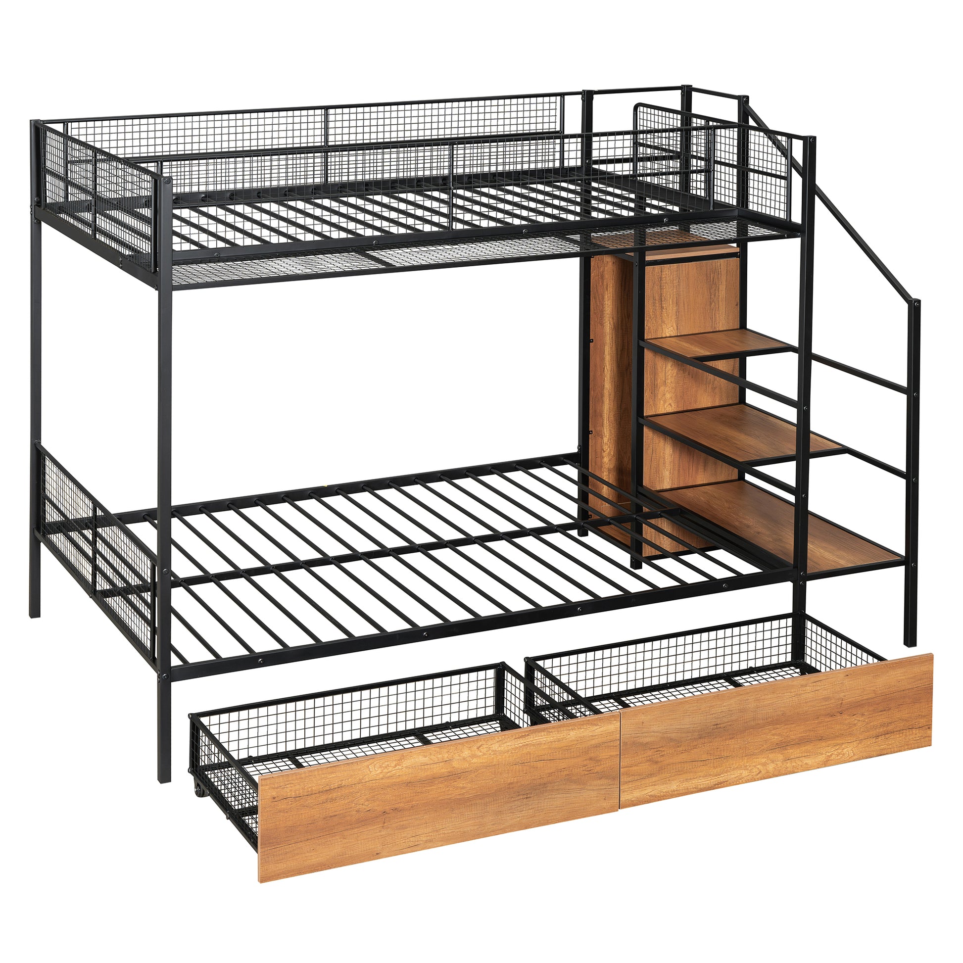 Twin Over Full Metal Bunk Bed With Drawer And Lateral Storage Ladder And Wardrobe, Black Black Metal