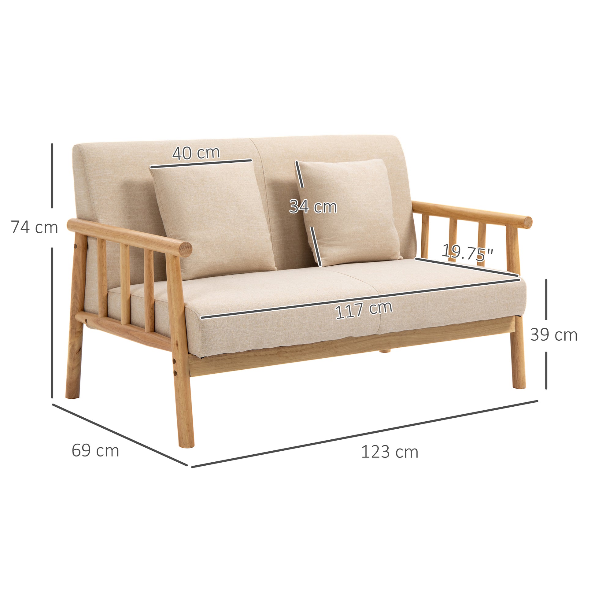 Homcom 48" 2 Seater Couch For Small Spaces, Modern Loveseat Sofa For Bedroom, Living Room Furniture, Upholstered Small Couch With Throw Pillow And Wood Legs, Beige Beige Polyester