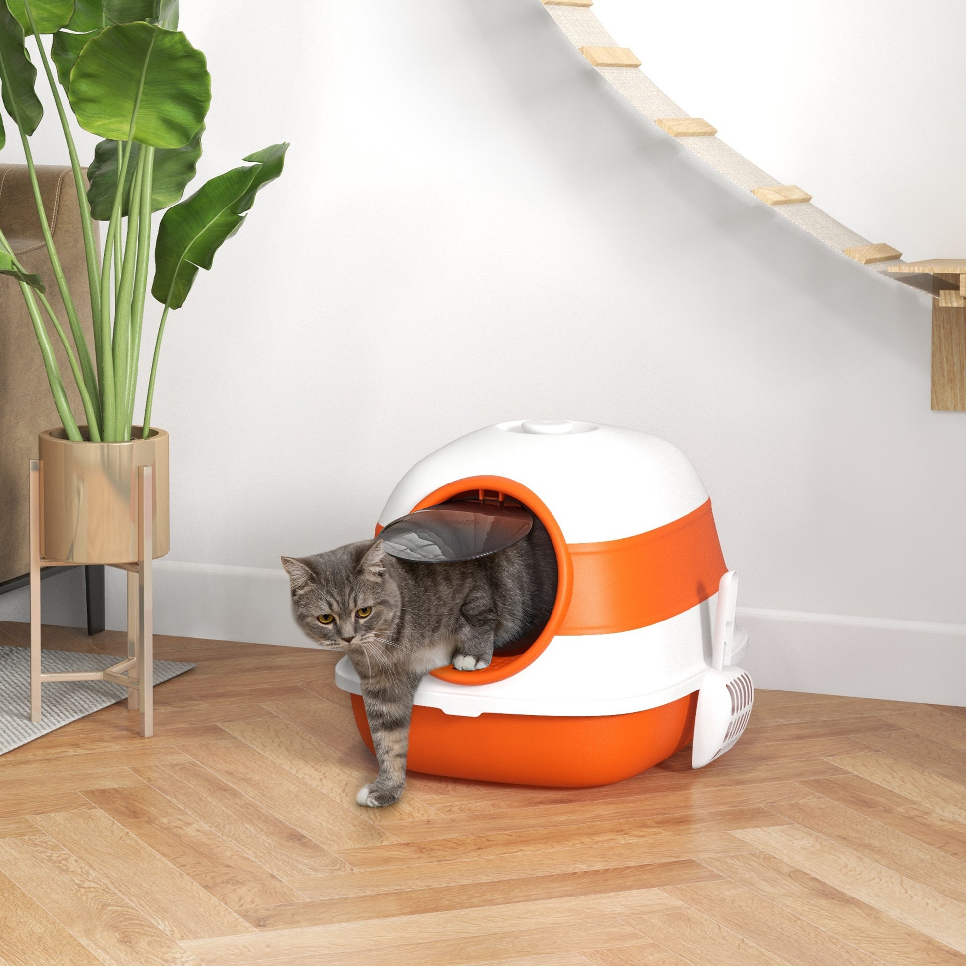 Pawhut Cat Litter Box With Lid, Covered Litter Box W High Sides, Air Freshener, Large Two Way Entrance Kitty Litter Box, Foldable, Easy Clean, Orange, And Black Orange Plastic