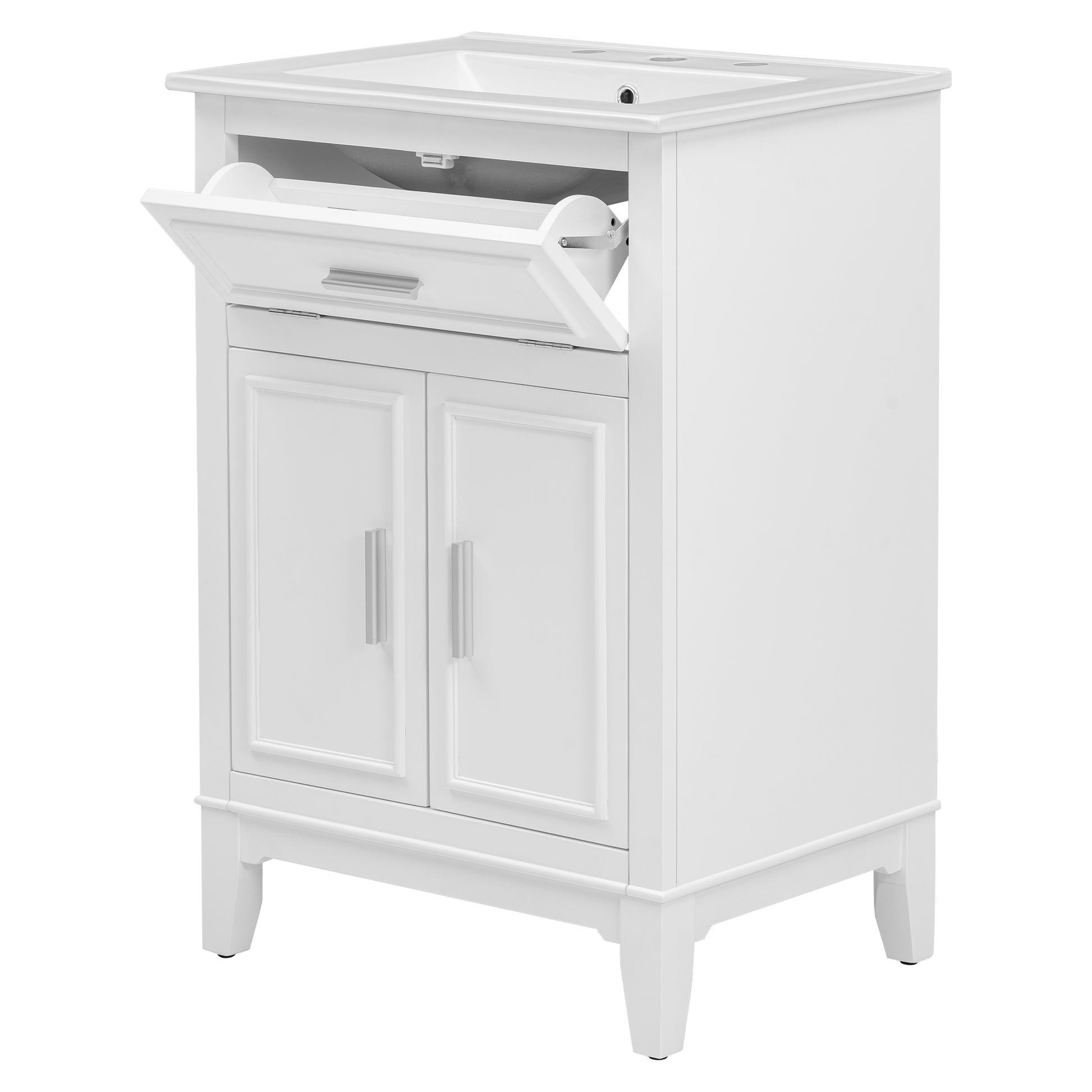 24" Bathroom Vanity With Sink, Bathroom Vanity Cabinet With One Flip Drawer And Doors, Solid Wood And Mdf, White White Solid Wood Mdf