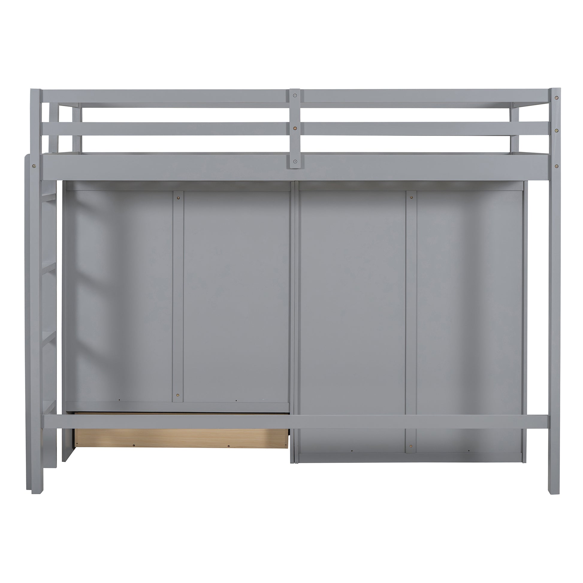 Twin Size Loft Bed With Drawer, Two Wardrobes And Mirror, Gray Gray Solid Wood Mdf