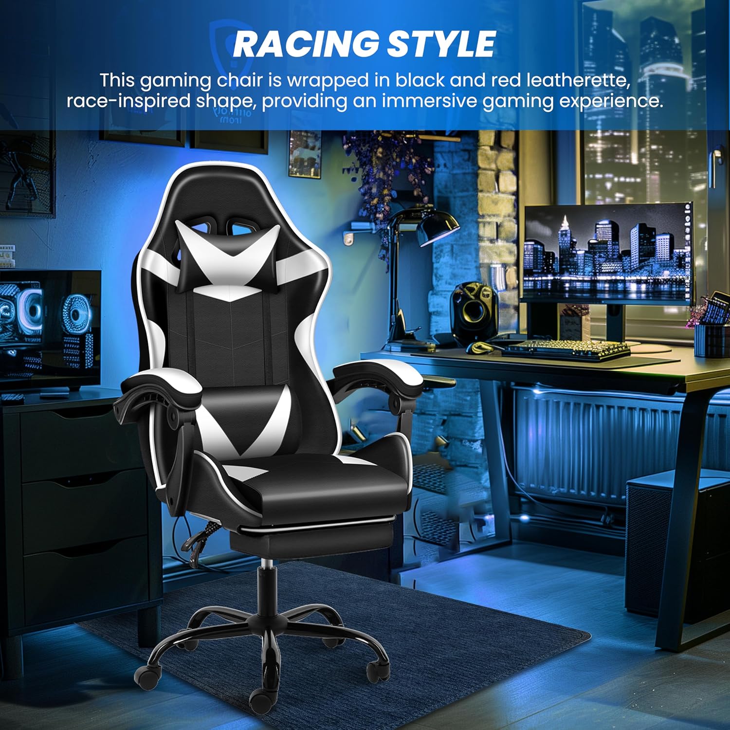 Gaming Chair With Footrest, Big And Tall Gamer Chair, Racing Style Adjustable Swivel Office Chair, Ergonomic Video Game Chairs With Headrest And Lumbar Support White Black Faux Leather