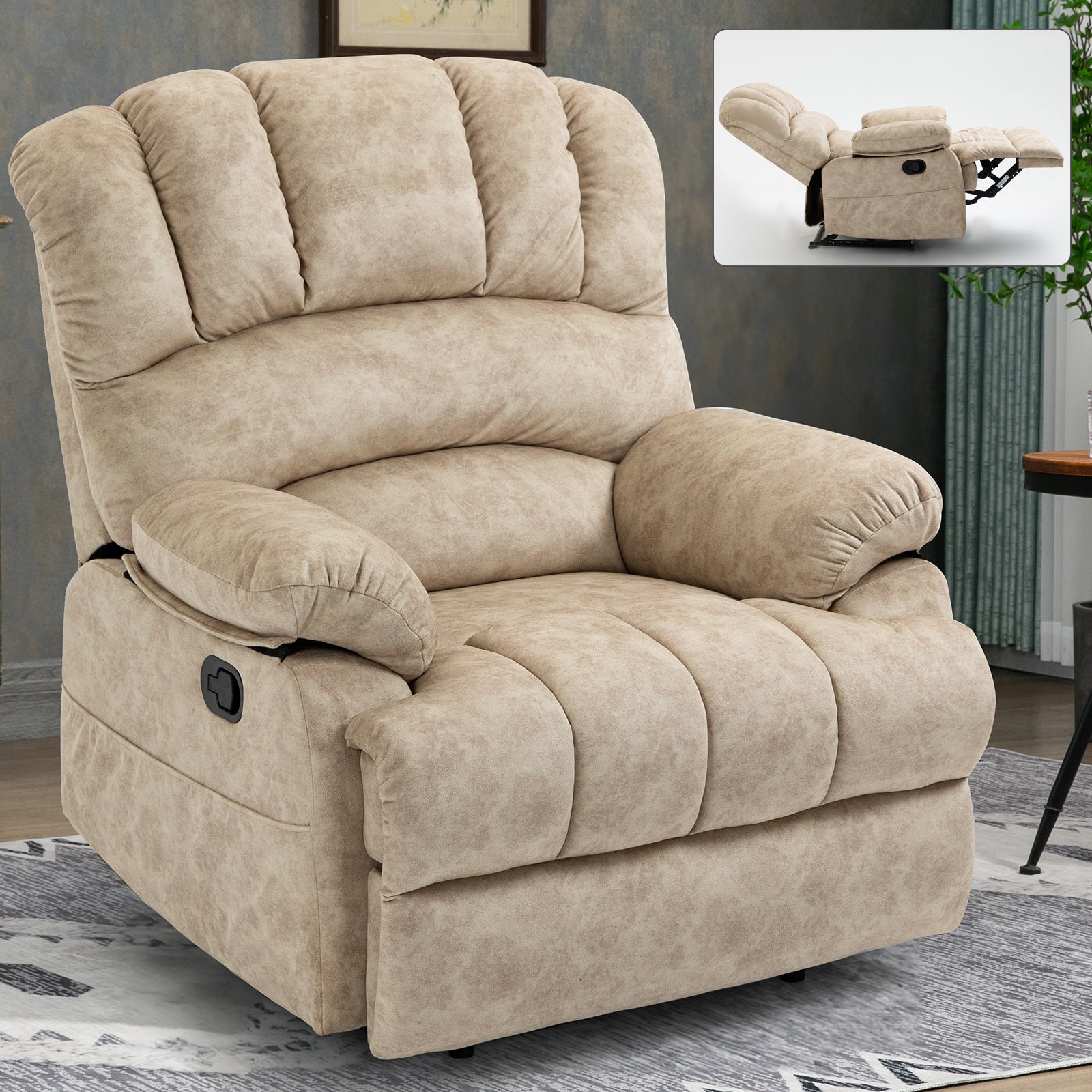 Large Manual Recliner Chair In Fabric For Living Room, Beige Beige Velvet Manual Handle Metal Primary Living Space Medium Firm Cushion Back Heavy Duty American Design Pine Pillow Top Arms Fiber Foam And Polyester Fiber Pad Fabric