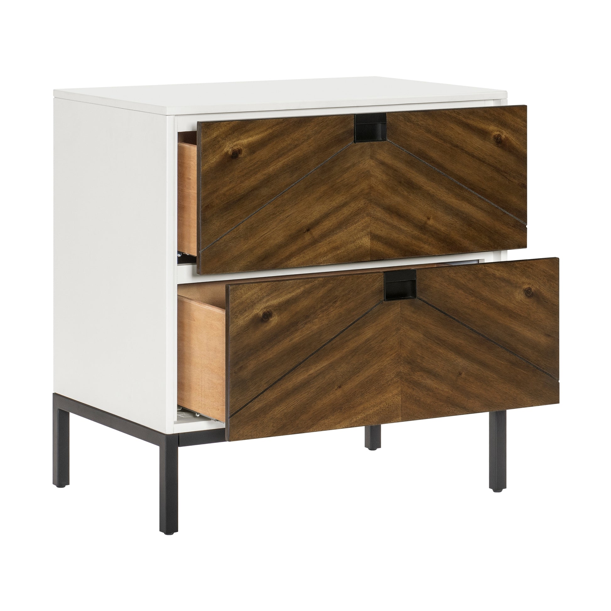 Beautiful White And Walnut Finish 1Pc Nightstand Of Drawers Self Closing Glides Black Metal Legs Flat Tone Pocket Pulls Modern Bedroom Furniture White Walnut 2 Drawers Bedside Cabinet Bedroom Wood