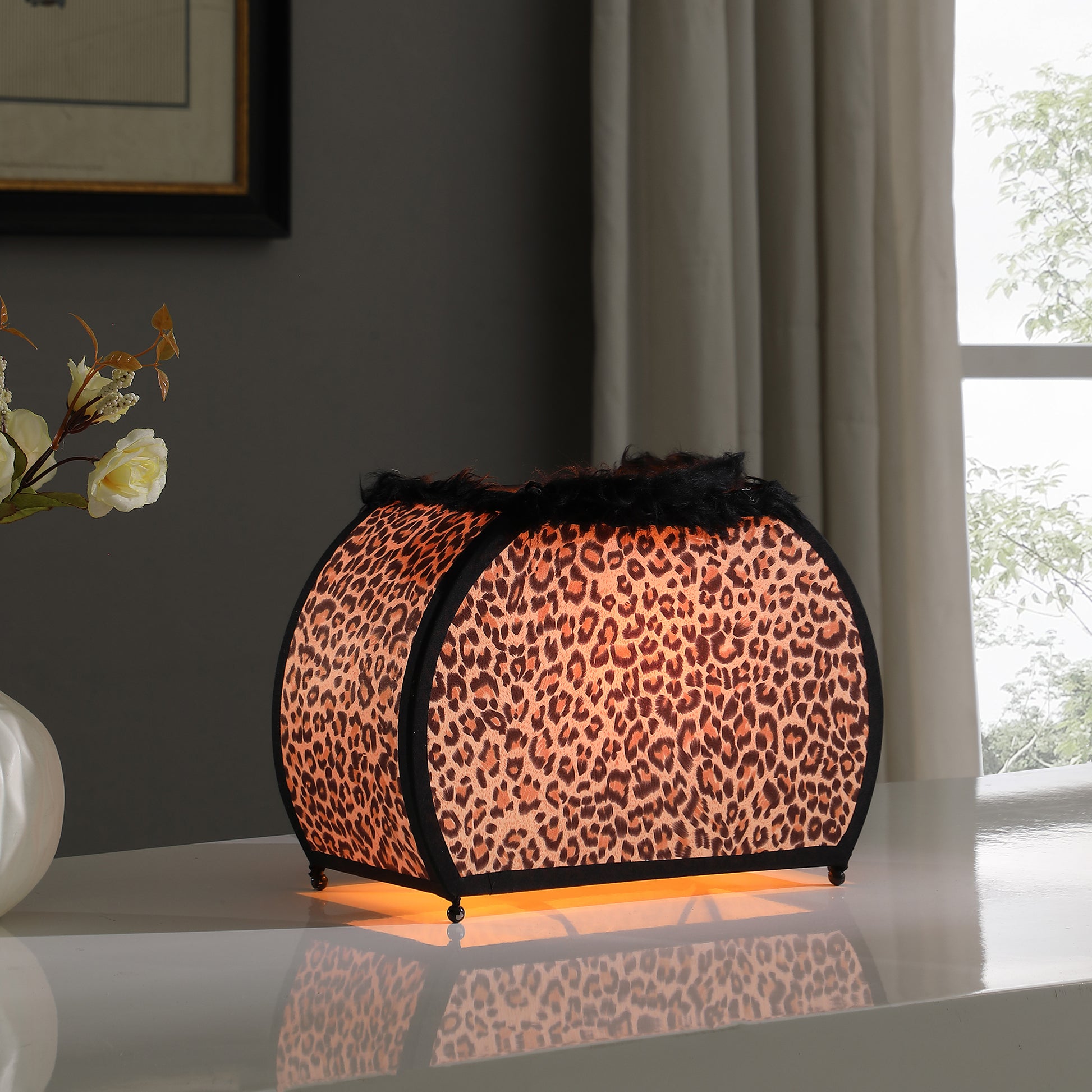 11.75" In Leopard Animal Print Purse W Black Faux Handle Table Lamp Leopard Fabric Metal