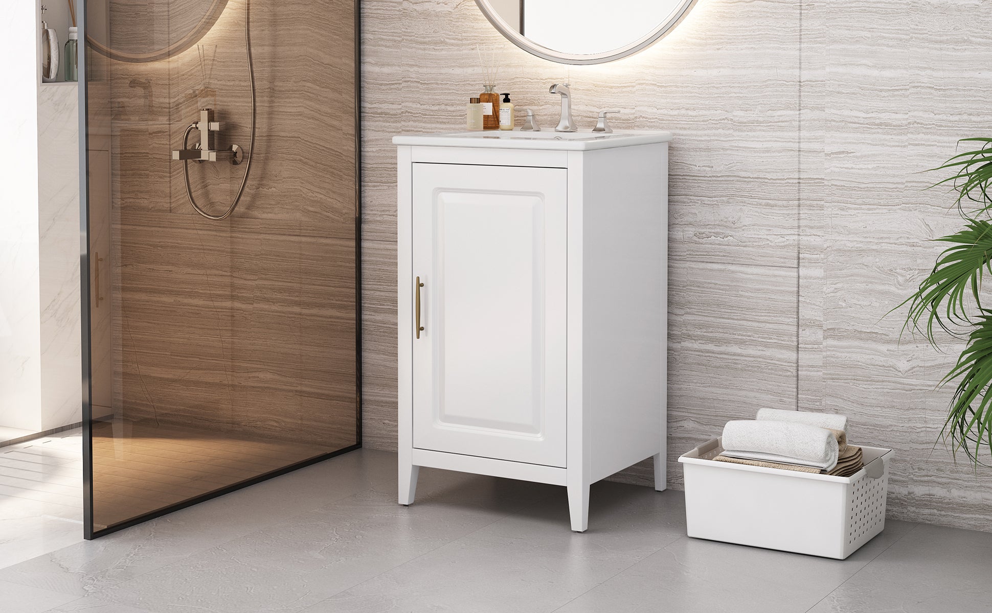20.3" Bathroom Vanity With Sink, Functional Drawer, Door Shelf, Soft Closing Door, White White Acacia Wood,Ceramic Mdf