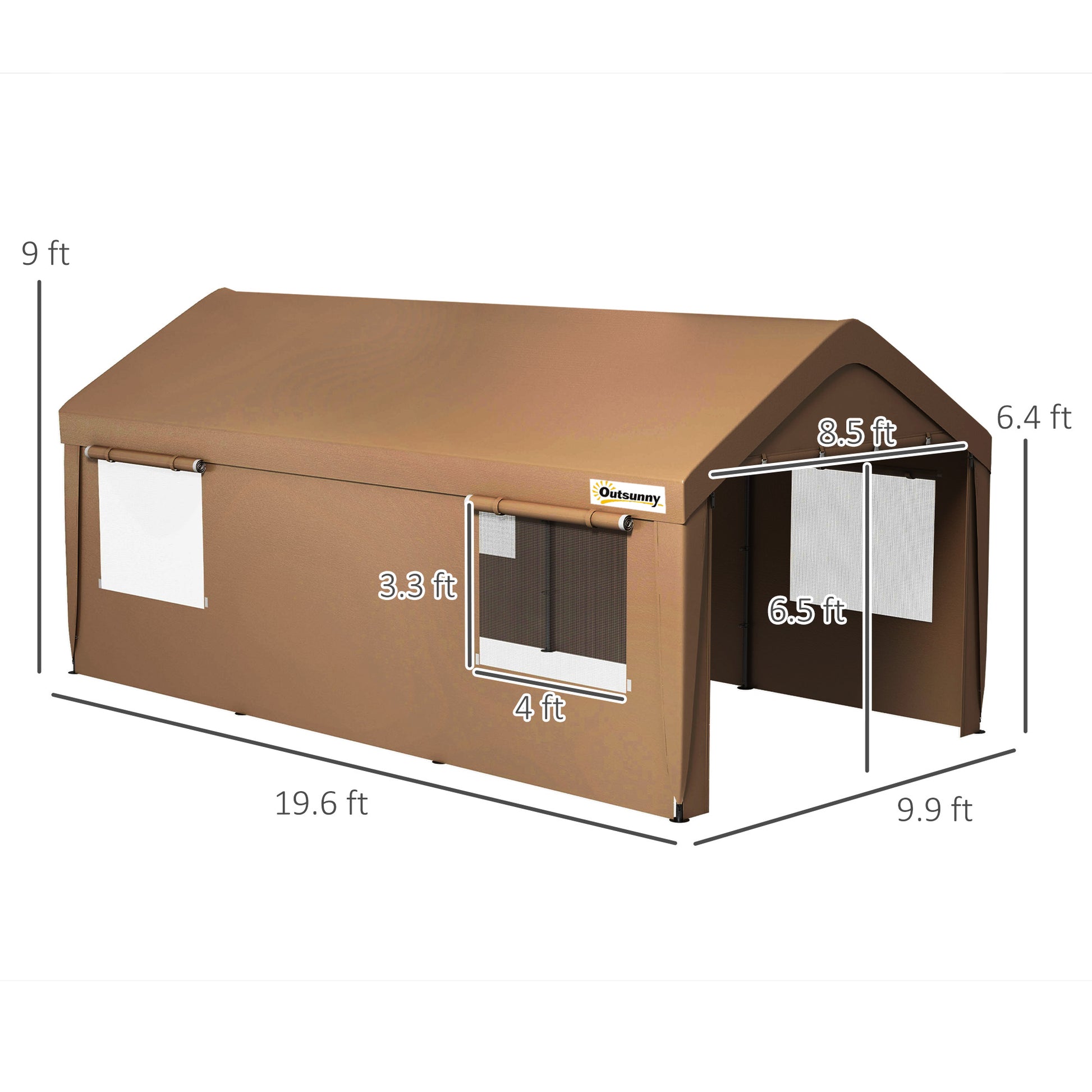 Outsunny Carport 10' X 20' Portable Garage, Heavy Duty Car Port Canopy With 2 Roll Up Doors & 4 Ventilated Windows For Car, Truck, Boat, Garden Tools, Tan Tan Steel