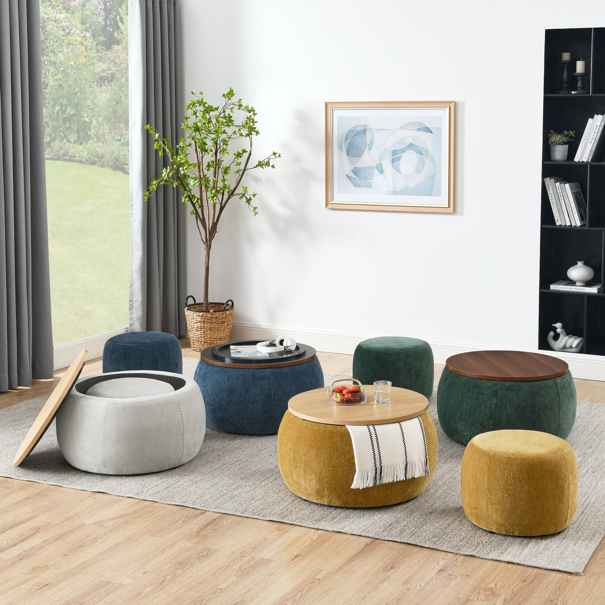 Round Storage Ottoman, 2 In 1 Function, Work As End Table And Ottoman,With Small Seat,Green 25"X25"X14.7" Green Foam