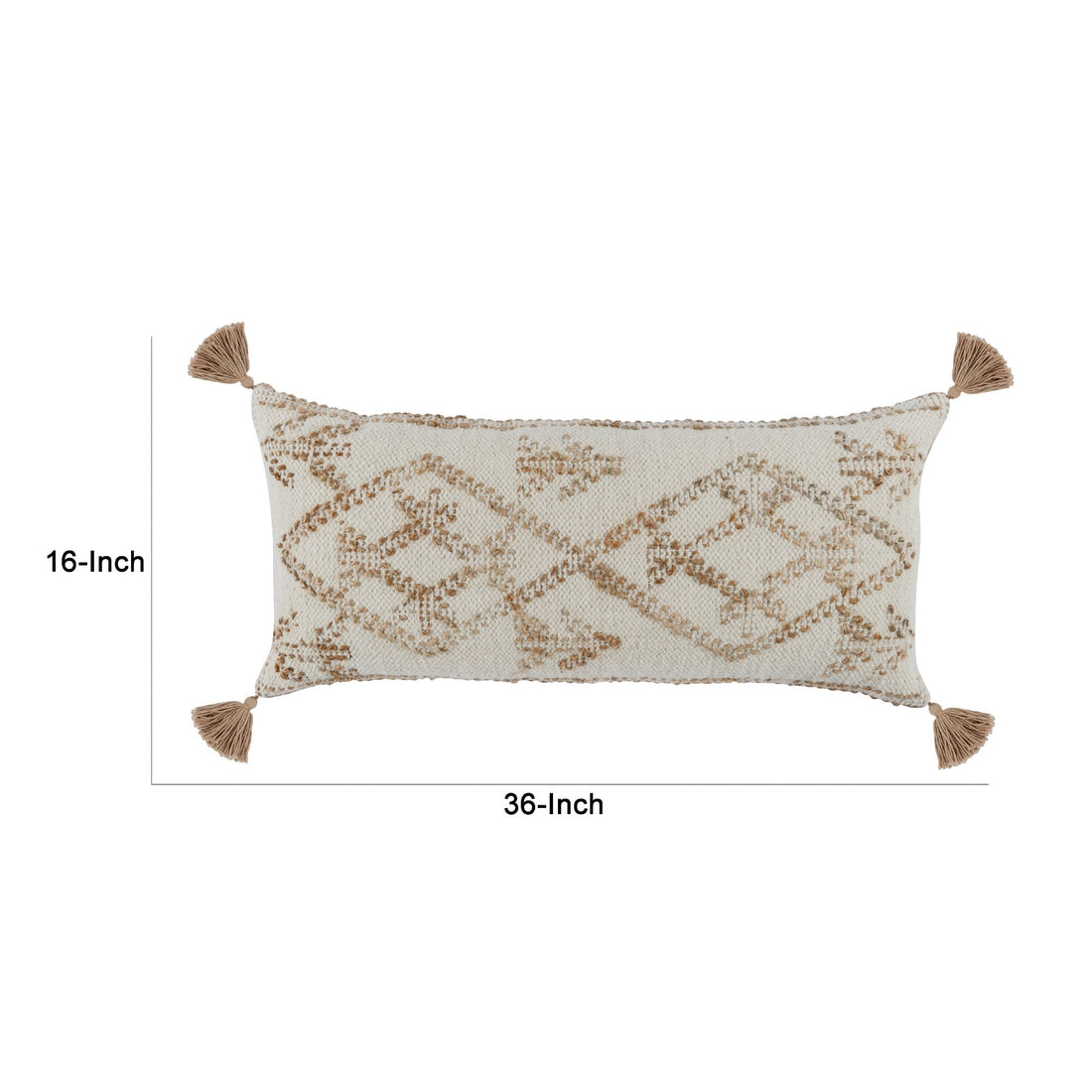 16 X 36 Lumbar Throw Pillow, Diamond Jute Cotton Cover, Tassels, Brown Brown White Polyester Blend