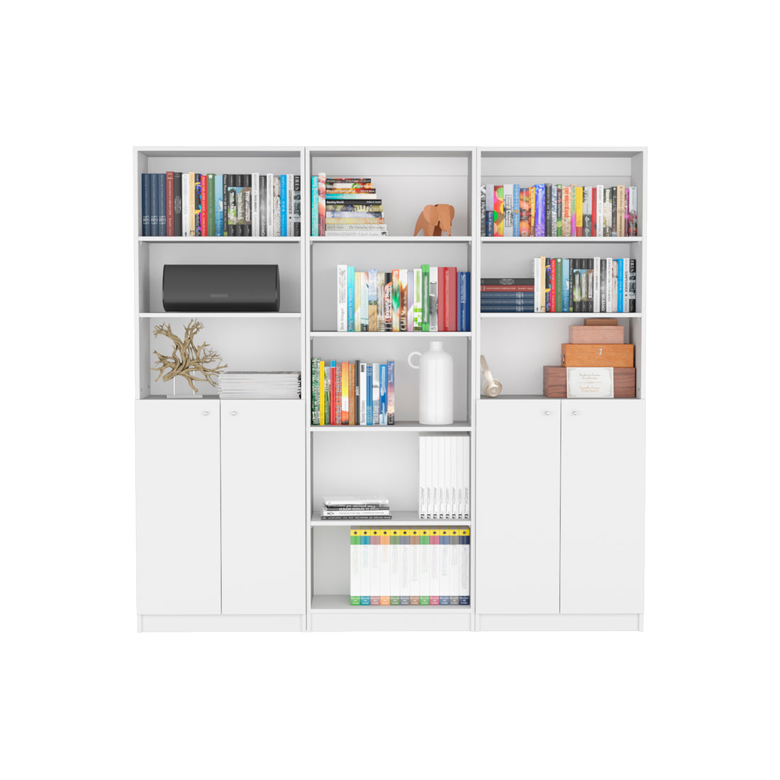 Arbor 3 Piece Home Bookcase Set, 74" Wide With 11 Shelves And Two Double Door Cabinetliving Room Set White Freestanding 5 Or More Shelves White Office Open Storage Space Particle Board