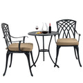 3 Piece Bistro Table Set Cast Aluminum Outdoor Patio Furniture With Umbrella Hole And Grey Cushions For Patio Balcony, Black Black Aluminium