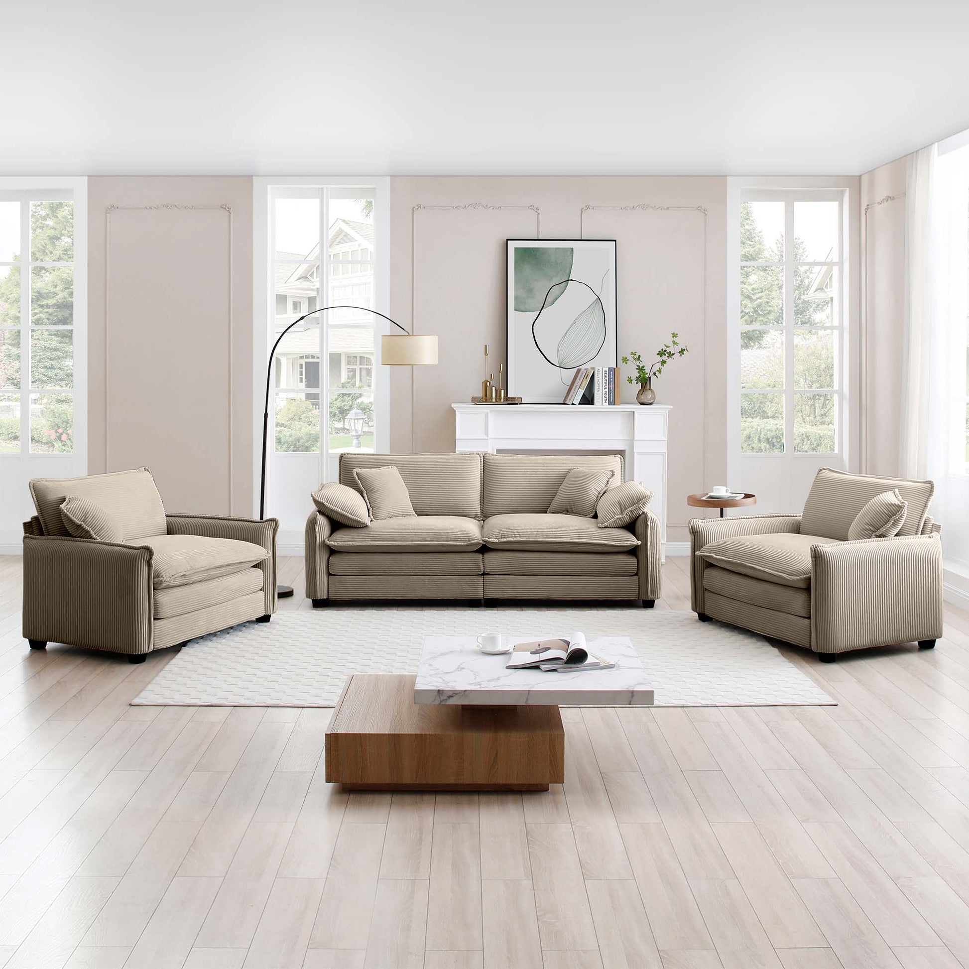 Luxurious And Sophisticated Sofa Set With Soft Cushions And Pillows, Sofa Set For Living Rooms And Clubs As Well As Home Theaters, Consisting Of Two Single Sofas And A 2 Seaters Sofas In Tan Corduroy Tan Corduroy 4 Seat