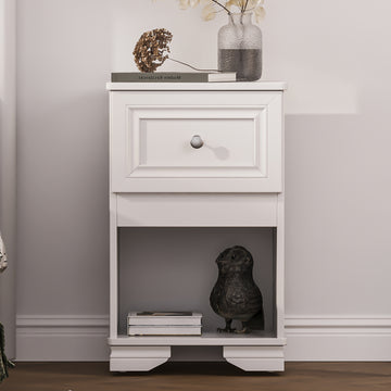 Elegant Design Nightstand With Drawer And Open Shelf For Bedroom, Retro Style Bedside Table With Classic Design And Metal Handle,White White Wood