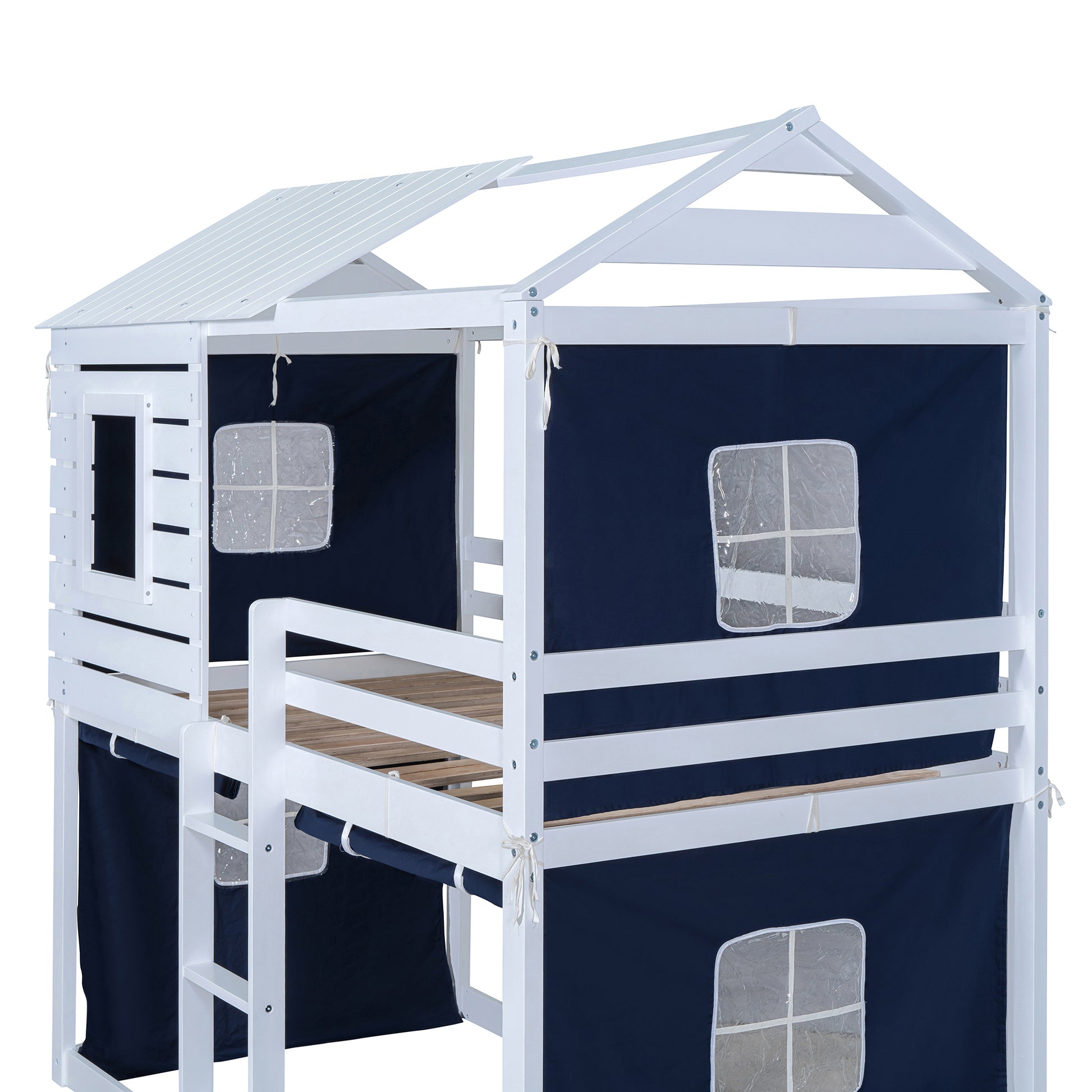 Twin Size Bunk Wood House Bed With Tent, Blue White Twin Blue Solid Wood Mdf