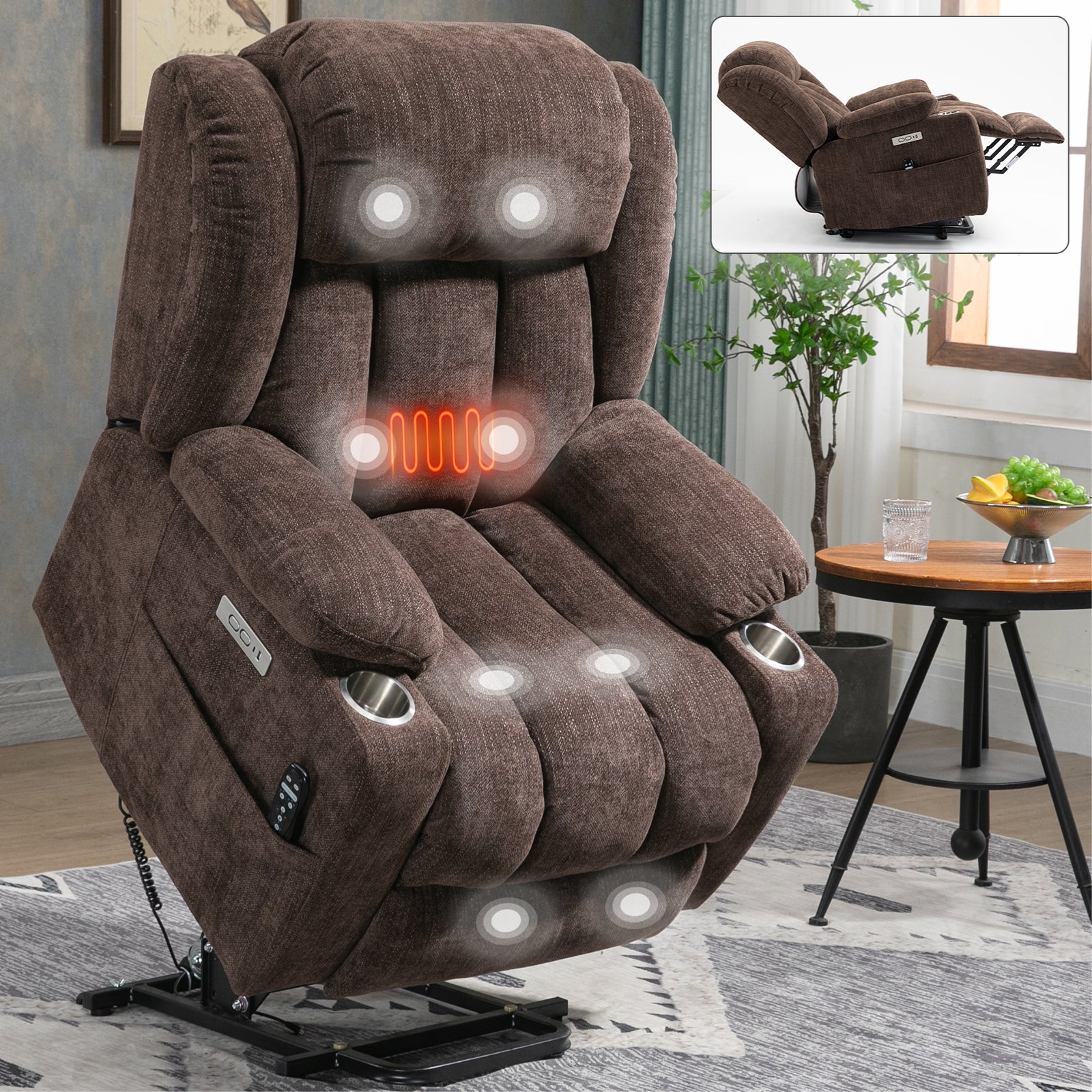 Up To 350 Lbs Chenille Power Lift Recliner Chair, Heavy Duty Motion Mechanism With 8 Point Vibration Massage And Lumbar Heating, Usb And Type C Ports, Stainless Steel Cup Holders, Brown White Metal Primary Living Space Heavy Duty Pine Brown Chenille