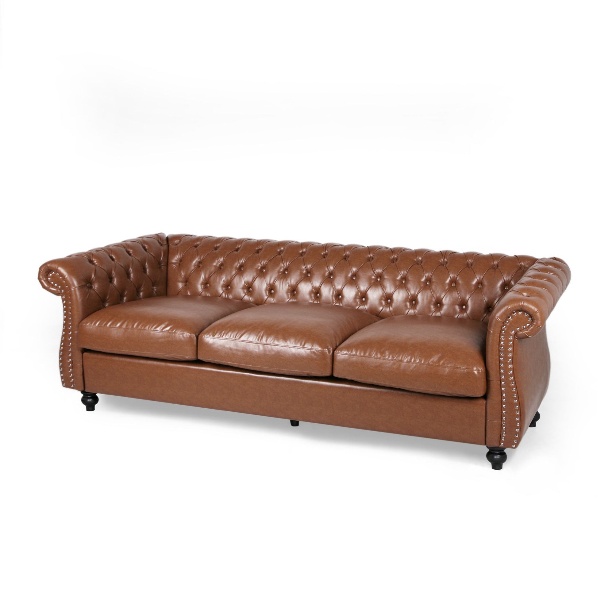 84.50'' Mid Century Cognac Brown 3 Seater Sofa, Pu, Classic Retro Sofa With Rolled Arms Modern, Elegant, And Comfortable Couch, Perfect For Living Room, Office, Bedroom, Primary Living Spaces Cognac Wood Primary Living Space Medium Soft Tight Back Medium