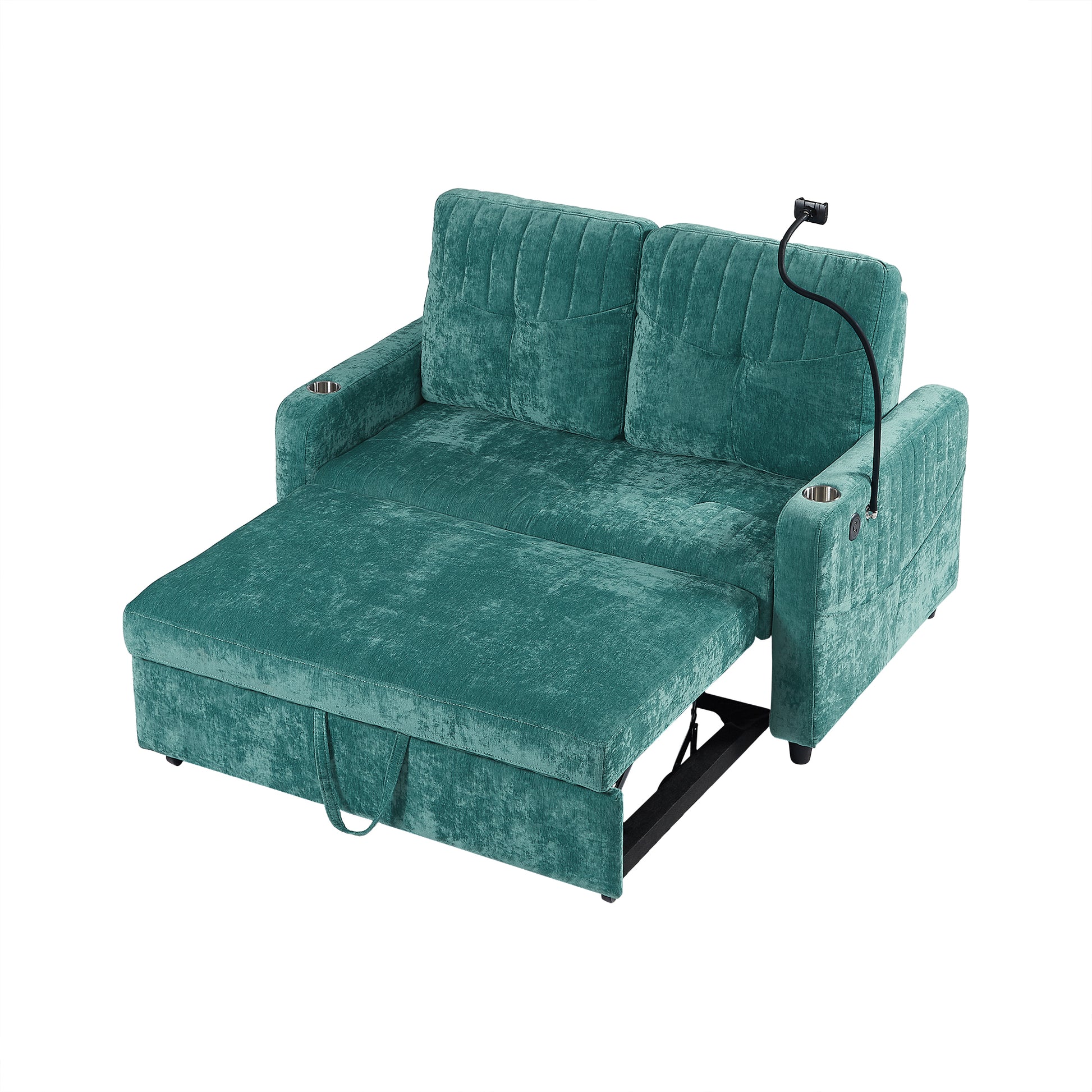 53.9" Modern Loveseat Pull Out Sofa Bed With Adjustable Backrest, Two Cup Holdersa Phone Holder, Three Charging Ports And Side Storage Pockets For Living Room, Teal Teal Foam Chenille