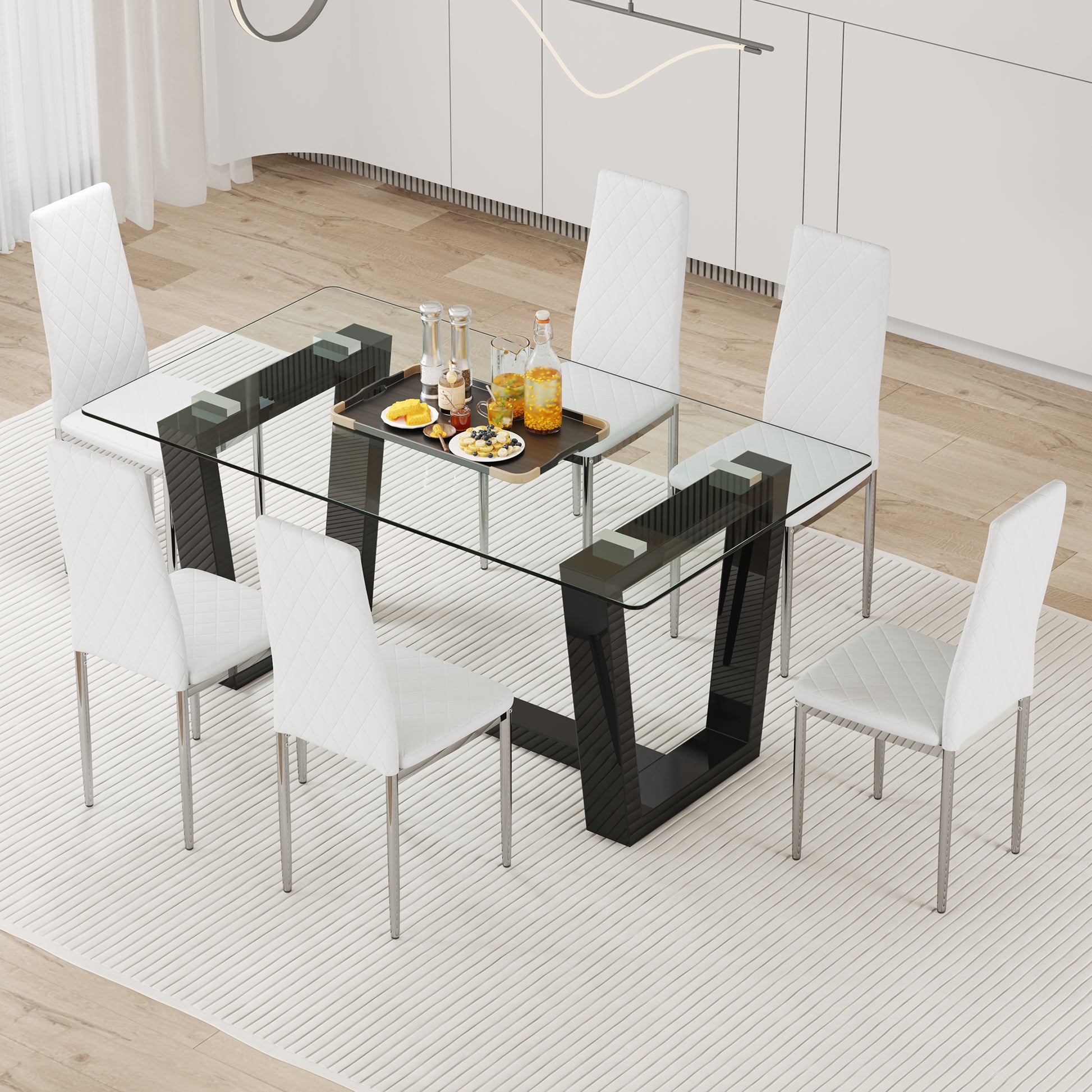 Table And Chair Set.A Rectangular Dining Table Features With Tempered Glass Top And Sleek Black Mdf Stand.Paried With 6 Pu Chairs With Checkered Armless High Back And Electroplated Metal Legs. Transparent,White Seats 6 Mdf Glass