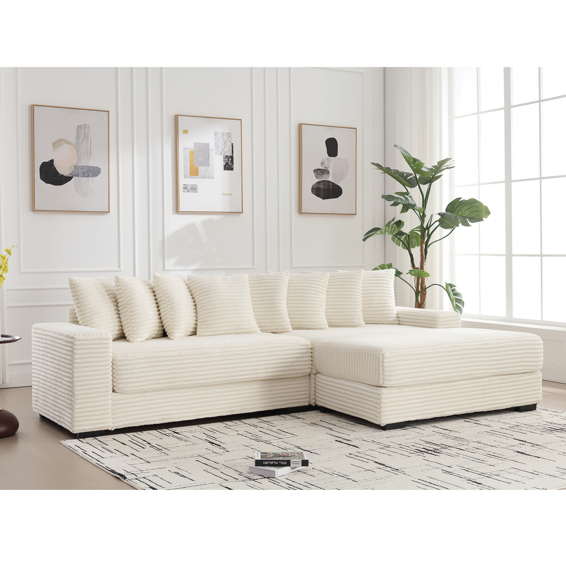 Arrived Oversized Two Piece Couches, L Shaped Sofa, Corduroy, Right Chaise Daybed,With Armrests,Eight Throw Pillows,Corner Sofa,Easy To Assemble, Beige Beige Polyester Wood Primary Living Space