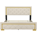 Queen Size Upholstered Platform Bed With Pull Point Headboard And Metal Wire Frame At The Head And Foot Of The Bed, Metal Feet, Velvet, Beige Queen Beige Mdf Lvl