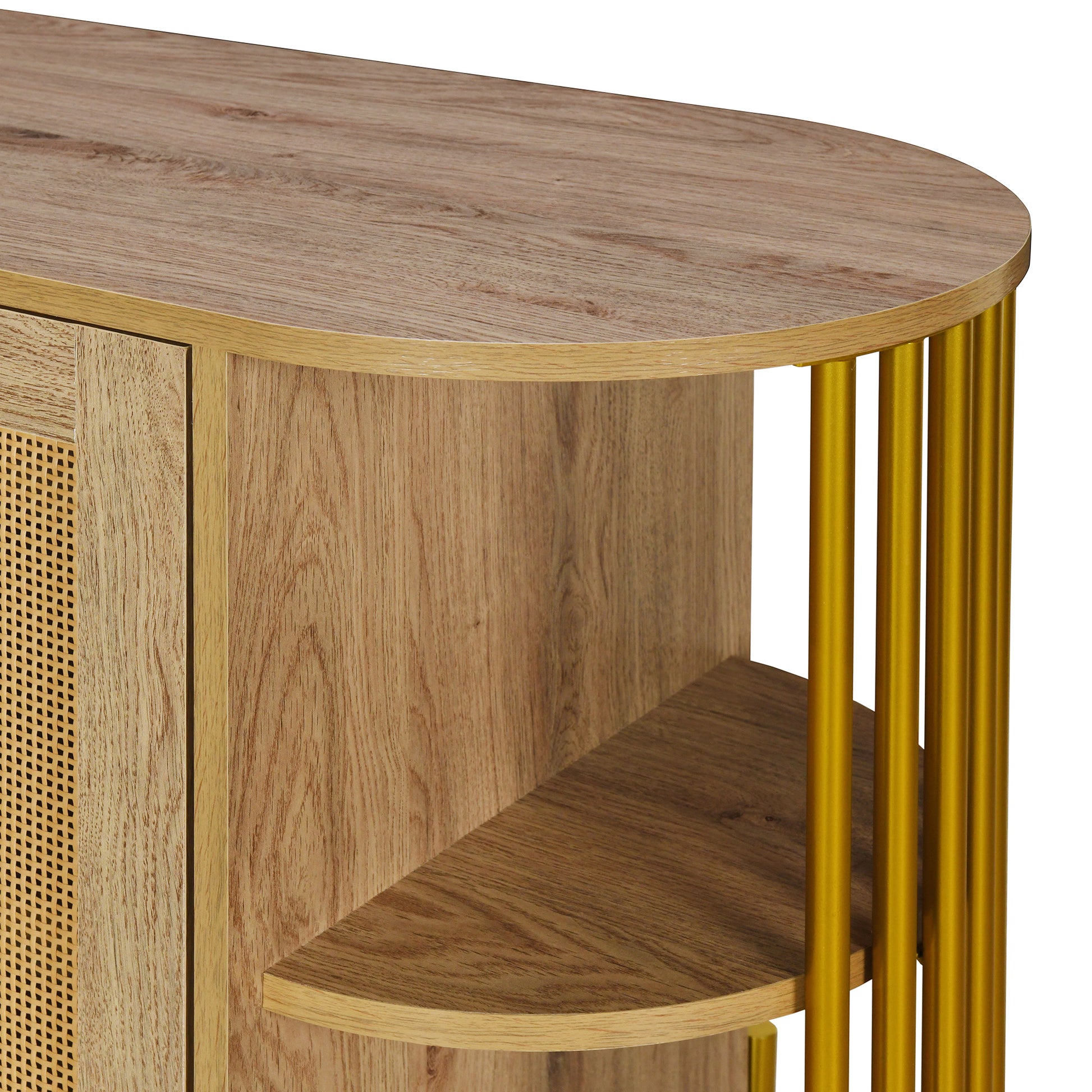 2 Door Elegant Curved Dining Cabinet With Gold Trim And Woven Rattan Doors For Dining Room Natural Natural Particle Board