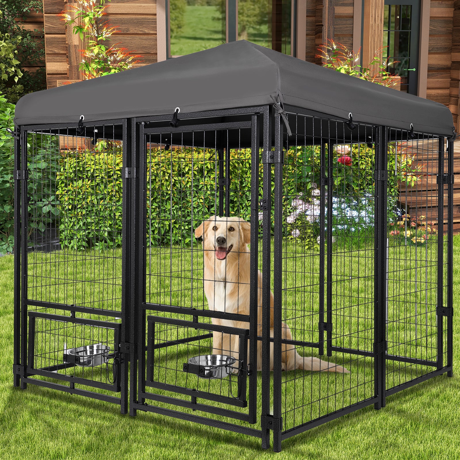 Outdoor Dog Kennel 4.5' X 4.5' X 4.8' With Waterproof Heavy Duty Metal Dog Cage,Outside Dog Enclosure With Lockable Door With Roof & Rotating Feeding Door,2 Bowl Holders And Bowls For Small Medium Dog Grey Outdoor Kennel Metal