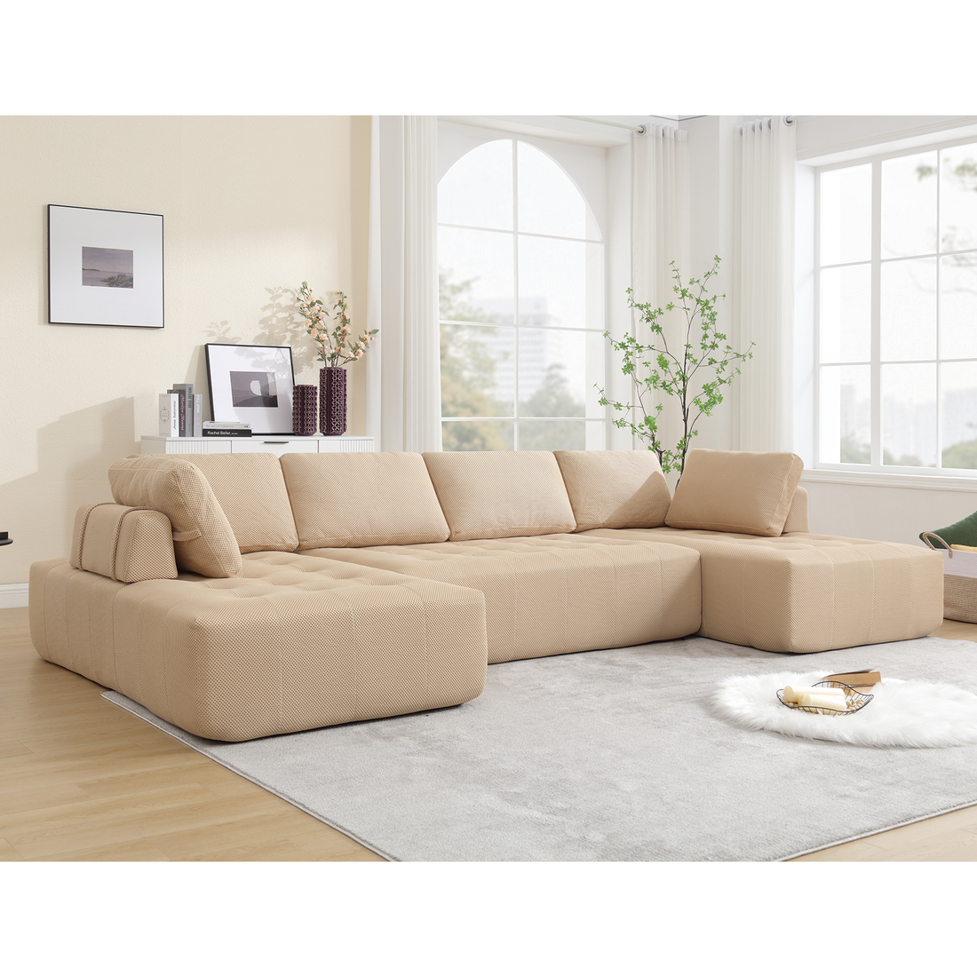 Arrived 138.5 "Modular Combination Sofa, U Shaped Sofa, Living Room, Apartment, Upholstered ,6 Seat Sofa, Free Combination Sofa Mesh Fabric ,Fabric, Khaki Khaki Polyester Primary Living Space Soft