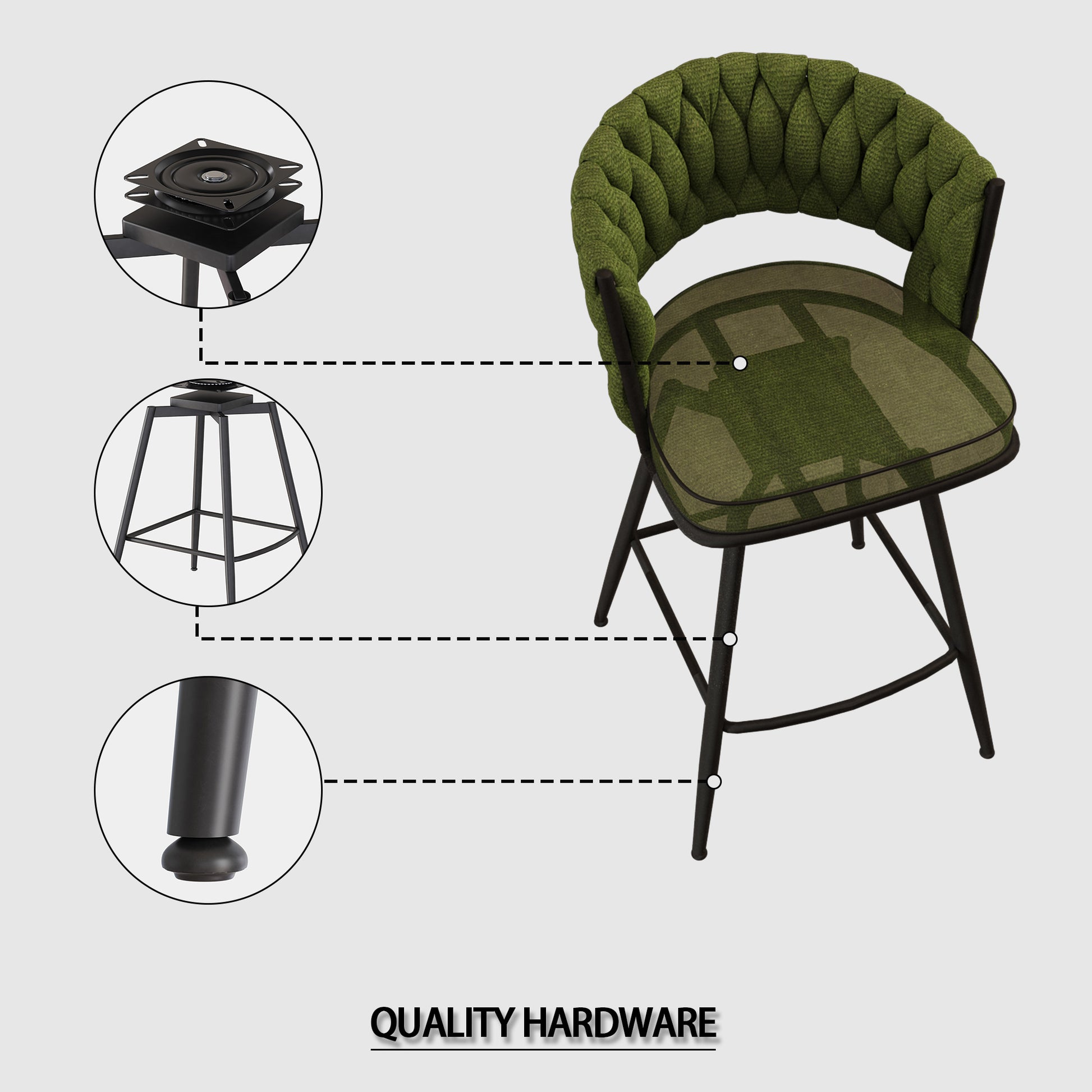 Bar Chair Linen Woven Bar Stool Set Of 2,Black Legs Barstools No Adjustable Kitchen Island Chairs,360 Swivel Bar Stools Upholstered Bar Chair Counter Stool Arm Chairs With Back Footrest, Green Metal Green Kitchen Dining Chairs Foam Linen