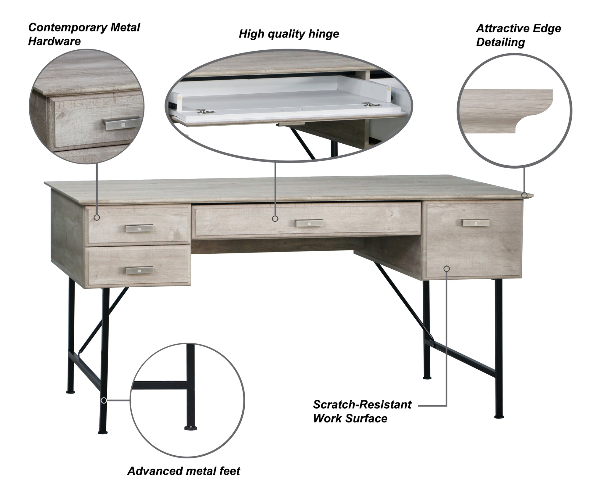 59" Writing Desk "Washed Gray Writing Desk Computer Table With Keyboard Tray, Power Cord Management, And Multiple Drawers For Home Office" Gray Wash Solid Wood