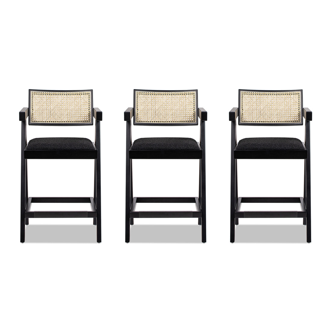 Milan 25.5" Modern Resin Webbing Back Bar Stool With Arms, Set Of 3, Ebony Black Boucle Black Foam Boucle