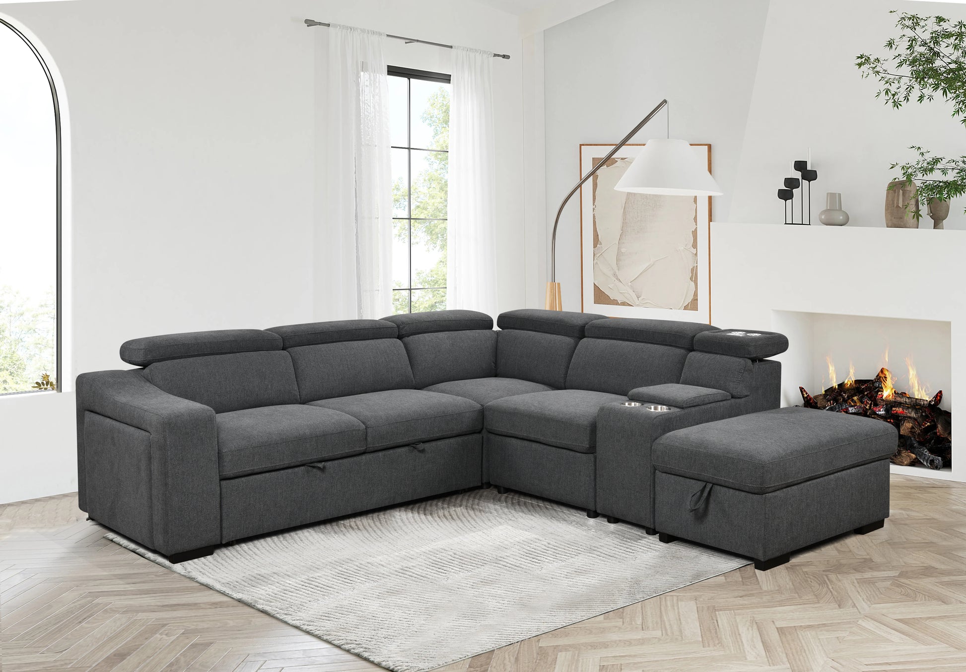 105"L Shape Sectional Sofa With Pull Out Bed And Ottoman Storage Space, Right Chaise Longue,Convertible Sleeper Couch, Tea W 2 Cup Holders & Storage & W Led, For Living Room, Apartment, Dark Gray