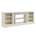 Large Tv Desk Storage Rack With Faux Stacked Stone Surround,Media Console Table With Large Storage Cabinet,Modern Tv Media Entertaionment Stand,White, 70.12